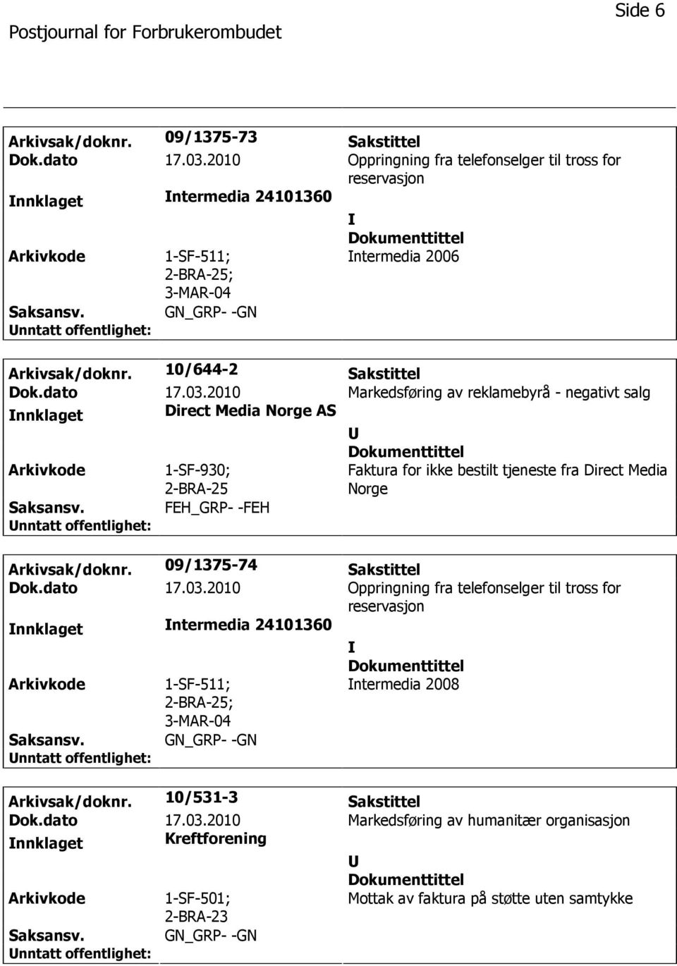 2010 Markedsføring av reklamebyrå - negativt salg nnklaget Direct Media Norge AS 1-SF-930; Faktura for ikke bestilt tjeneste fra Direct Media Norge FEH_GRP- -FEH Arkivsak/doknr.