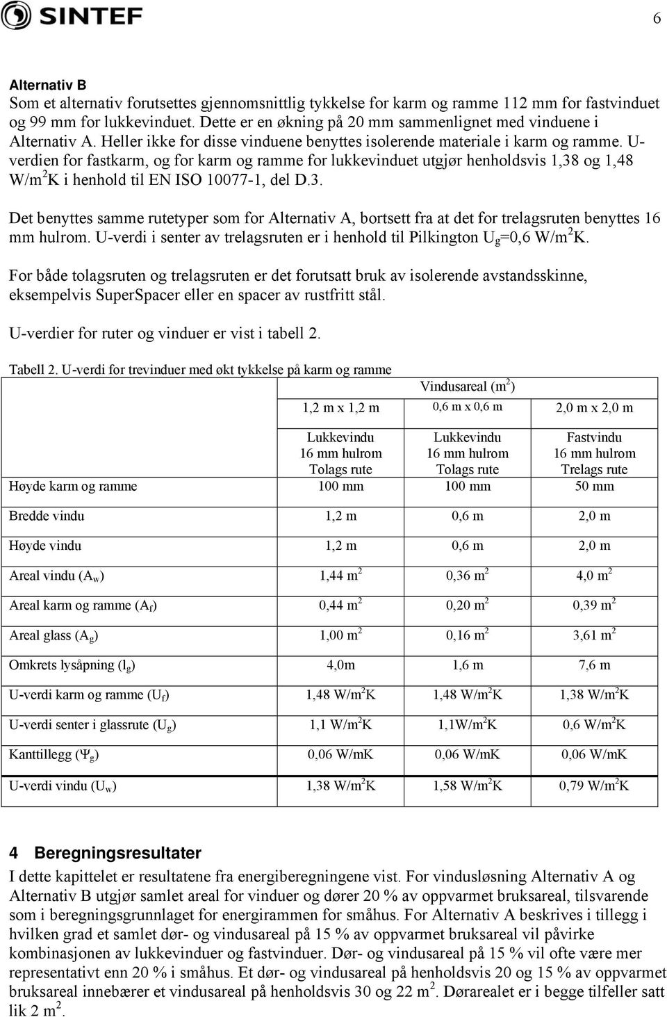 U- verdien for fastkarm, og for karm og ramme for lukkevinduet utgjør henholdsvis 1,38 og 1,48 W/m 2 K i henhold til EN ISO 10077-1, del D.3. Det benyttes samme rutetyper som for Alternativ A, bortsett fra at det for trelagsruten benyttes 16 mm hulrom.