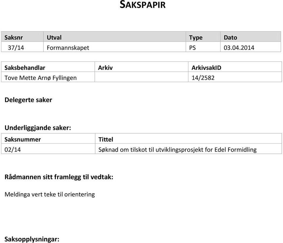 Underliggjande saker: Saksnummer Tittel 02/14 Søknad om tilskot til