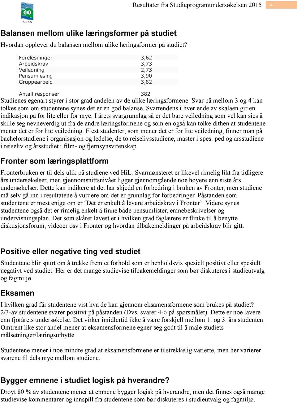 Svar på mellom 3 og 4 kan tolkes som om studentene synes det er en god balanse. Svartendens i hver ende av skalaen gir en indikasjon på for lite eller for mye.