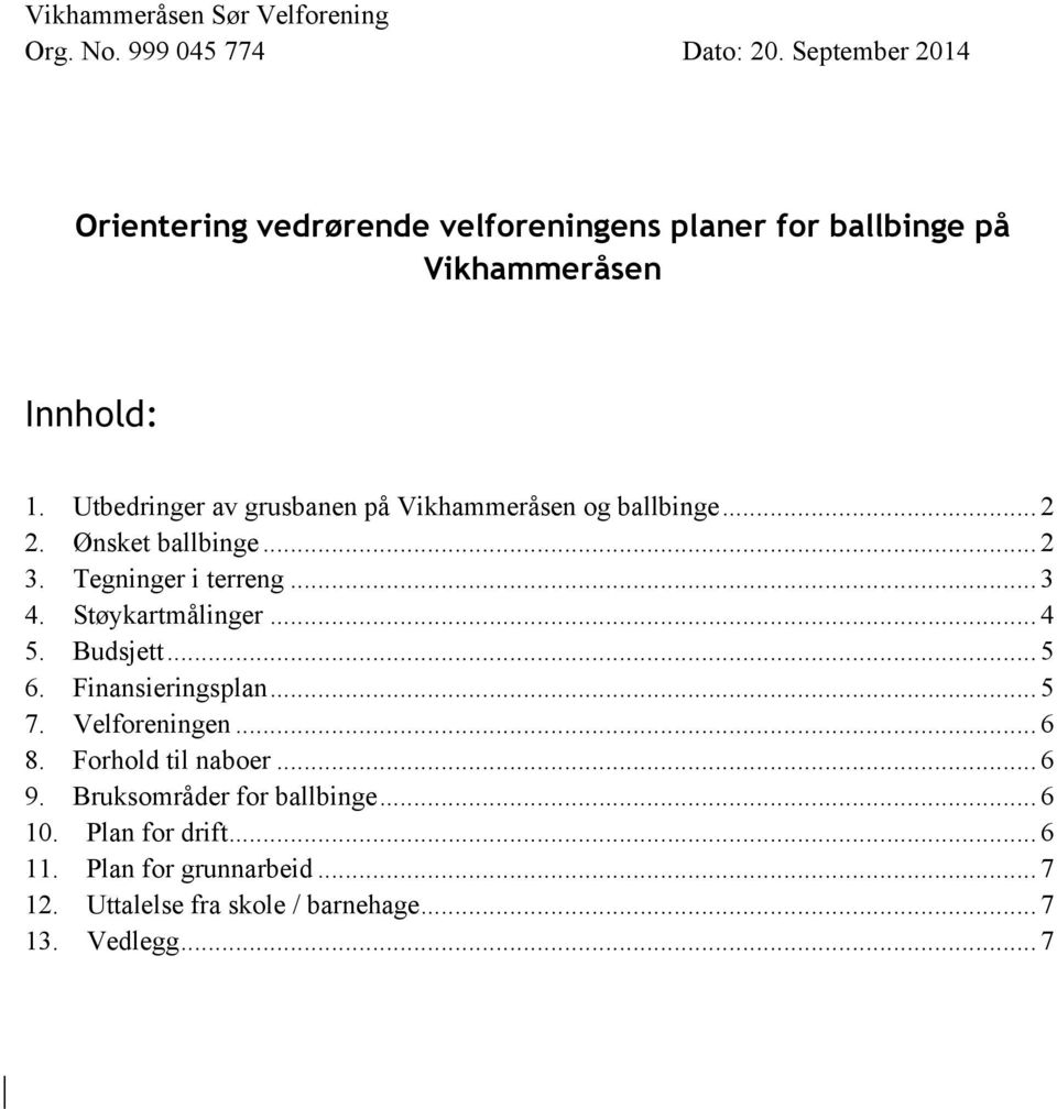 Utbedringer av grusbanen på Vikhammeråsen og ballbinge... 2 2. Ønsket ballbinge... 2 3. Tegninger i terreng... 3 4. Støykartmålinger.