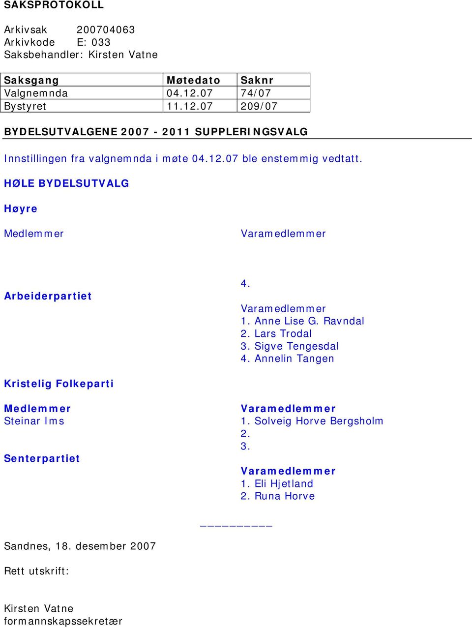 HØLE BYDELSUTVALG Høyre Medlemmer Arbeiderpartiet 4. 1. Anne Lise G. Ravndal 2. Lars Trodal 3. Sigve Tengesdal 4.