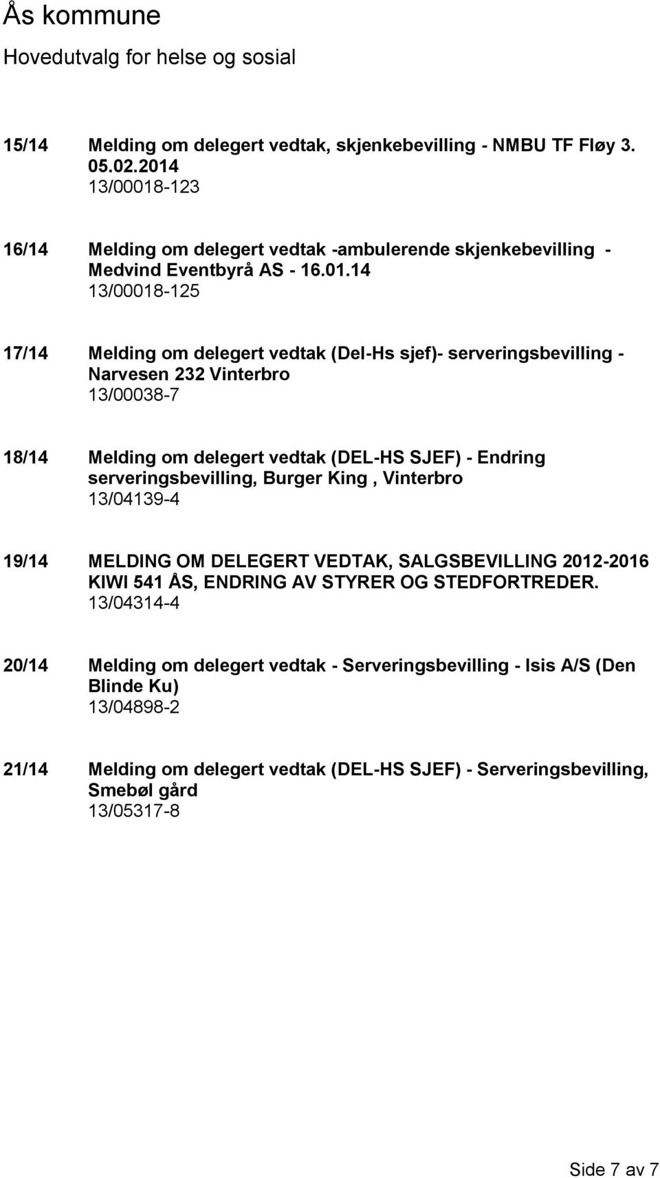 serveringsbevilling, Burger King, Vinterbro 13/04139-4 19/14 MELDING OM DELEGERT VEDTAK, SALGSBEVILLING 2012-2016 KIWI 541 ÅS, ENDRING AV STYRER OG STEDFORTREDER.