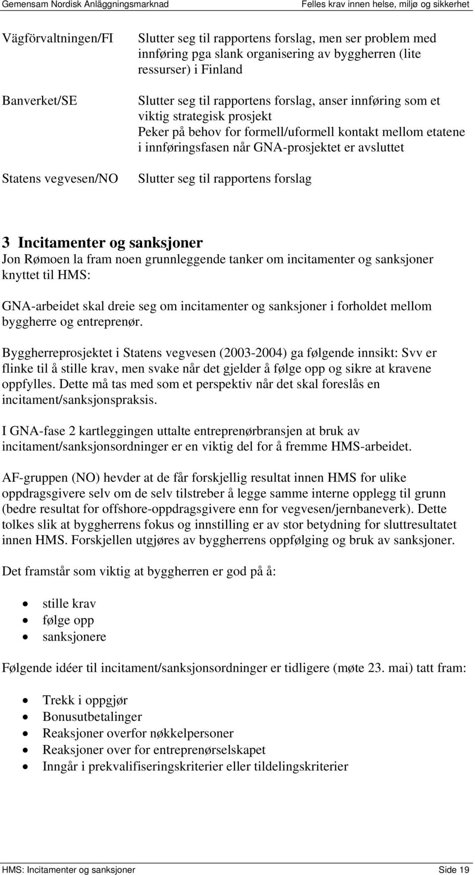 rapportens forslag 3 Incitamenter og sanksjoner Jon Rømoen la fram noen grunnleggende tanker om incitamenter og sanksjoner knyttet til HMS: GNA-arbeidet skal dreie seg om incitamenter og sanksjoner i