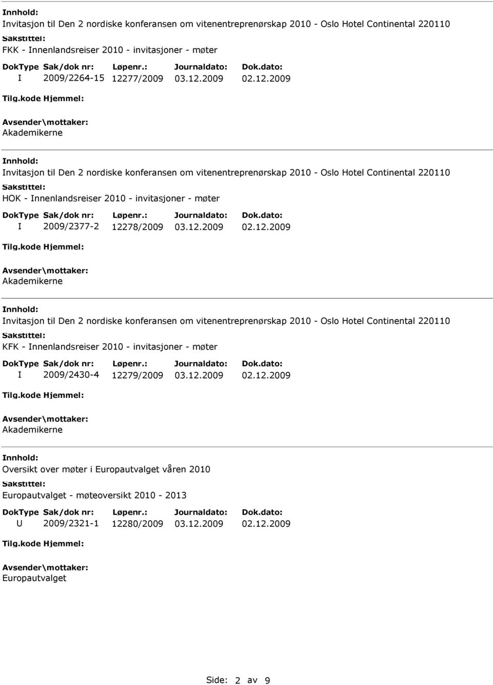 12278/2009 Akademikerne nvitasjon til Den 2 nordiske konferansen om vitenentreprenørskap 2010 - Oslo Hotel Continental 220110 KFK - nnenlandsreiser 2010 - invitasjoner - møter