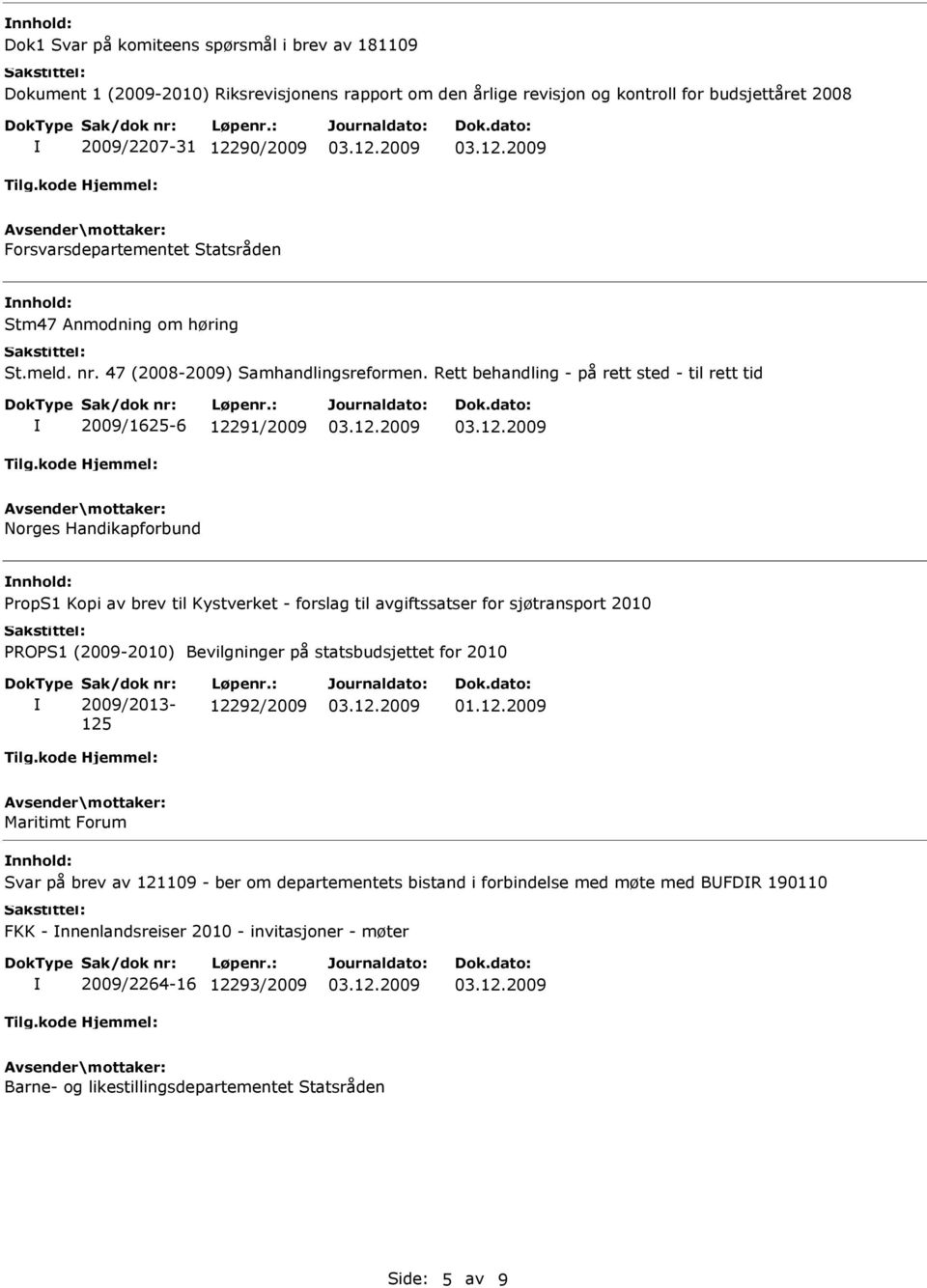 Rett behandling - på rett sted - til rett tid 2009/1625-6 12291/2009 Norges Handikapforbund PropS1 Kopi av brev til Kystverket - forslag til avgiftssatser for sjøtransport 2010 PROPS1 (2009-2010)