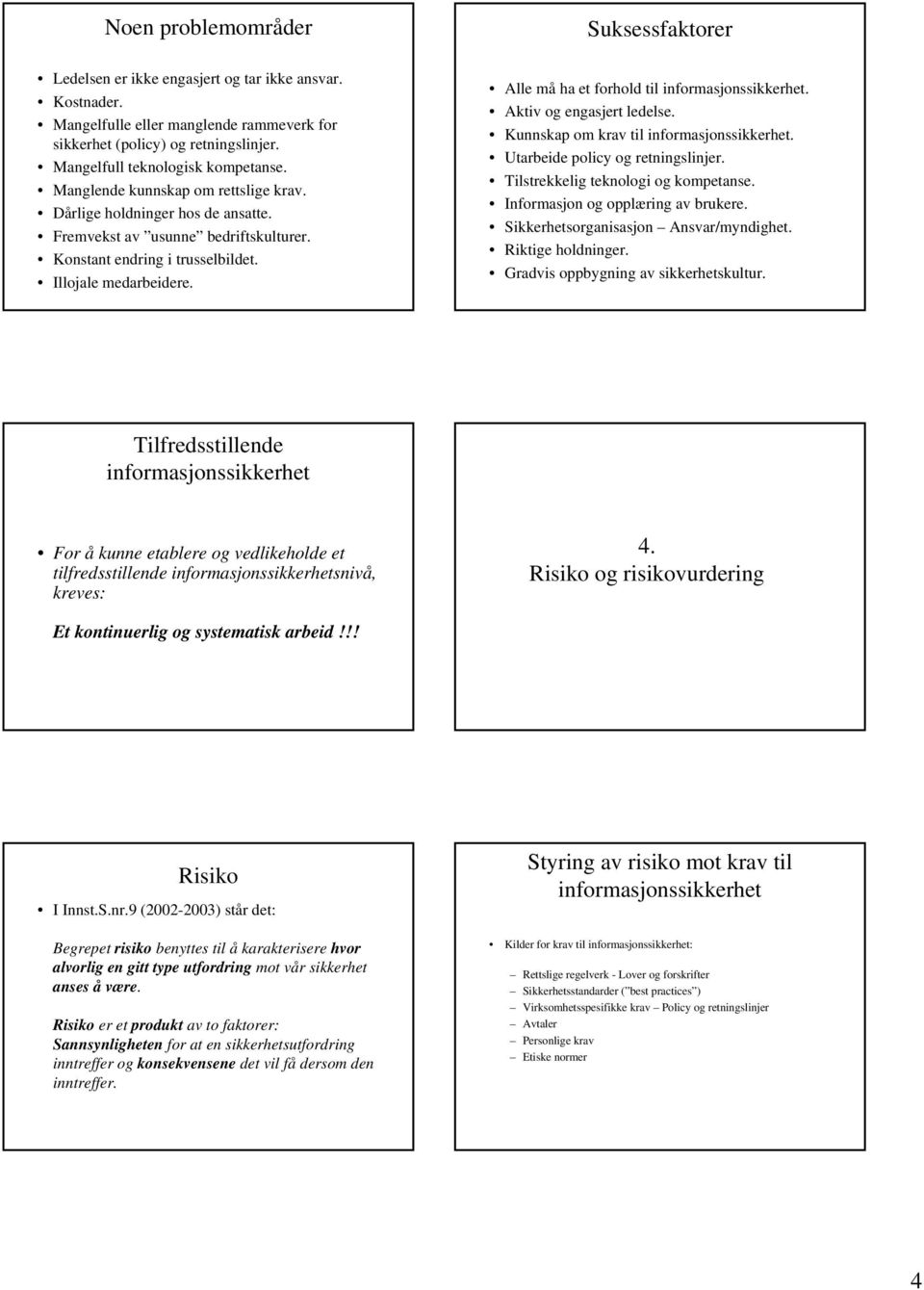 Suksessfaktorer Alle må ha et forhold til informasjonssikkerhet. Aktiv og engasjert ledelse. Kunnskap om krav til informasjonssikkerhet. Utarbeide policy og retningslinjer.