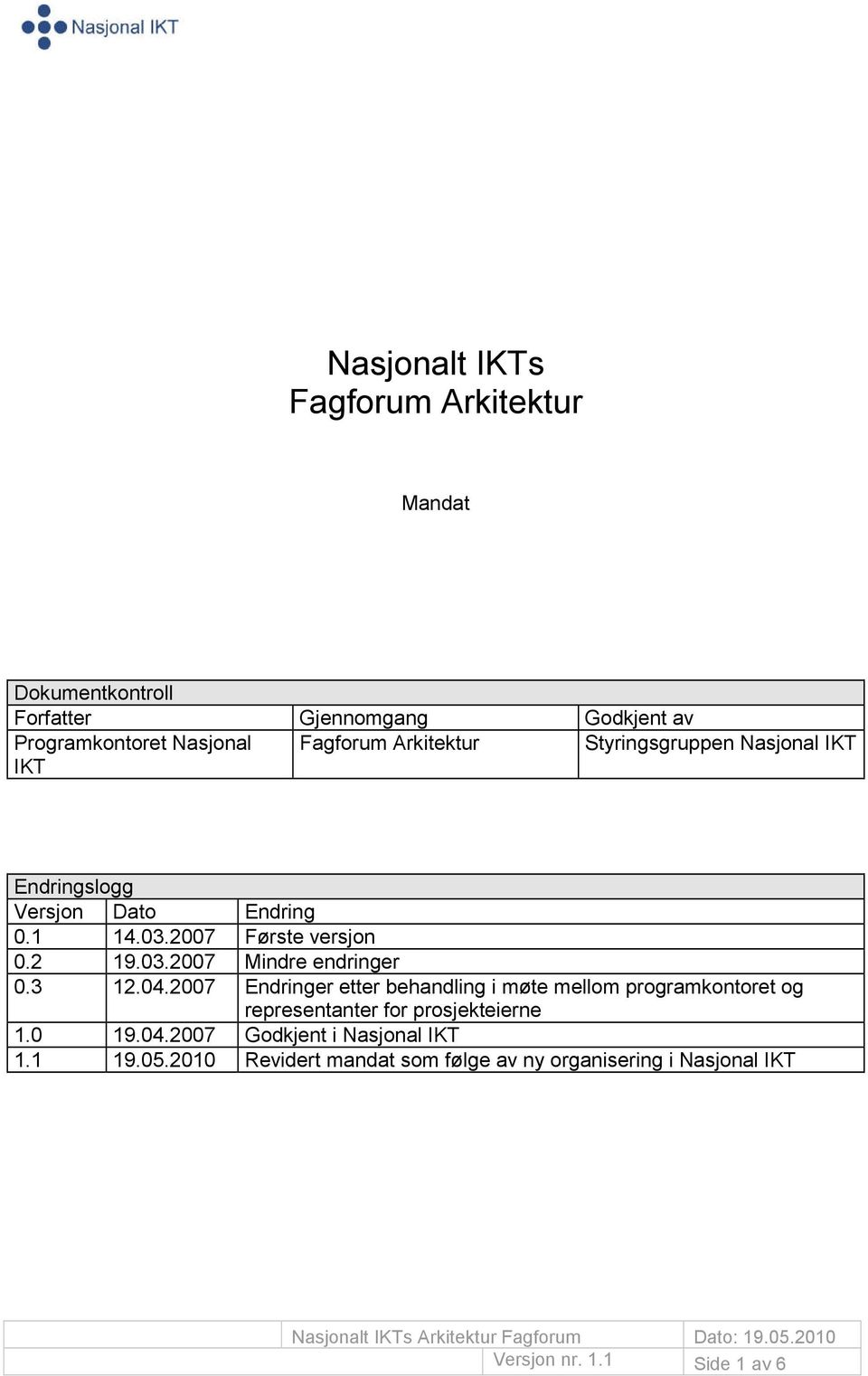 3 12.04.2007 Endringer etter behandling i møte mellom programkontoret og representanter for prosjekteierne 1.0 19.04.2007 Godkjent i Nasjonal IKT 1.