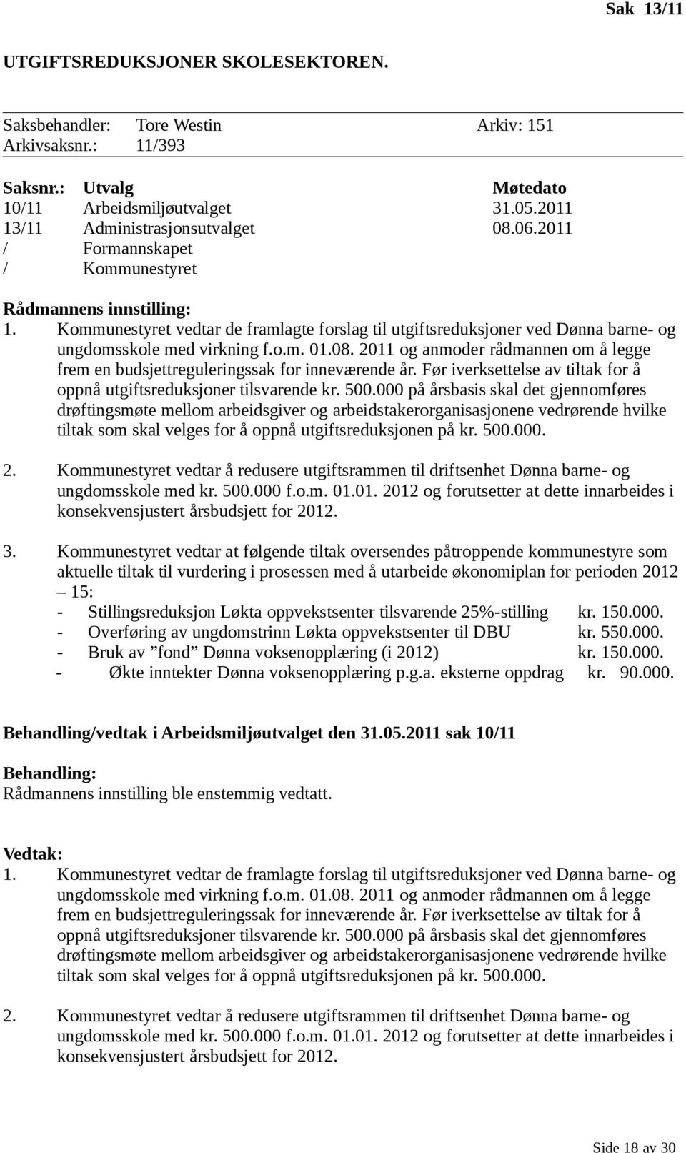 2011 og anmoder rådmannen om å legge frem en budsjettreguleringssak for inneværende år. Før iverksettelse av tiltak for å oppnå utgiftsreduksjoner tilsvarende kr. 500.