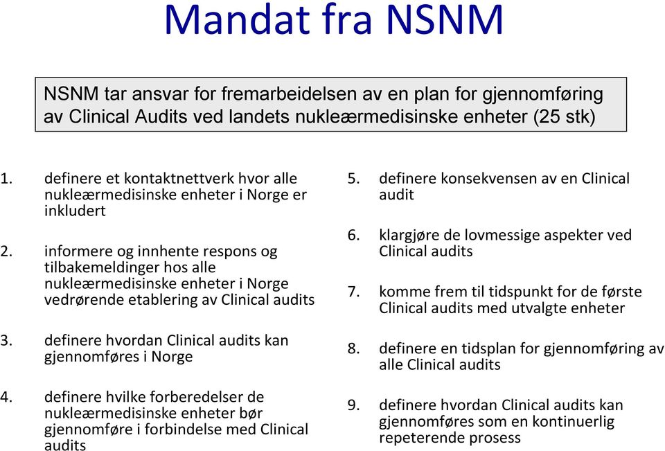 informere og innhente respons og tilbakemeldinger hos alle nukleærmedisinske enheter i Norge vedrørende etablering av Clinical audits 3. definere hvordan Clinicalauditskan gjennomføres i Norge 4.