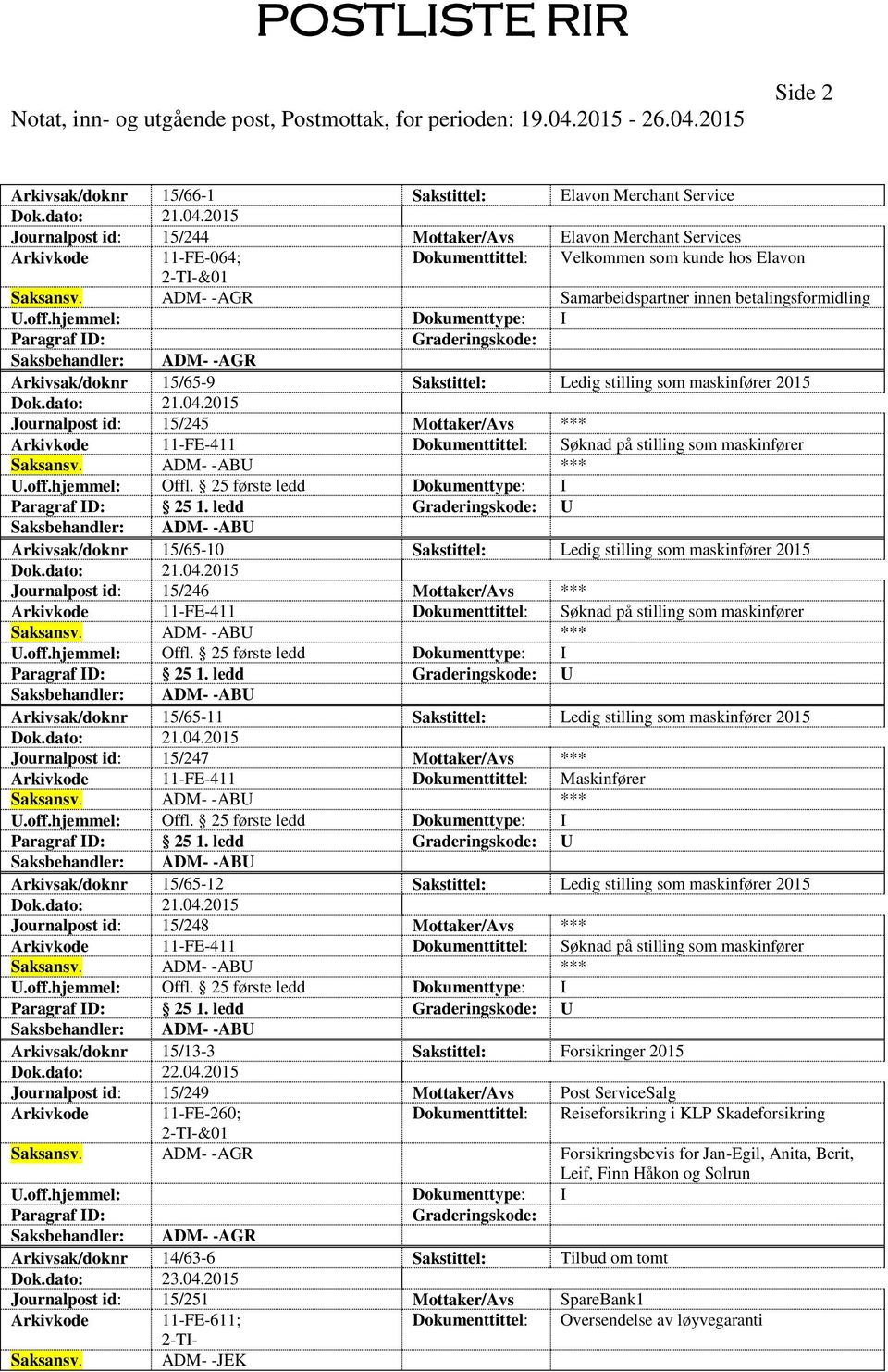 ADM- -AGR Samarbeidspartner innen betalingsformidling Saksbehandler: ADM- -AGR Arkivsak/doknr 15/65-9 Sakstittel: Ledig stilling som maskinfører 2015 Journalpost id: 15/245 Mottaker/Avs ***