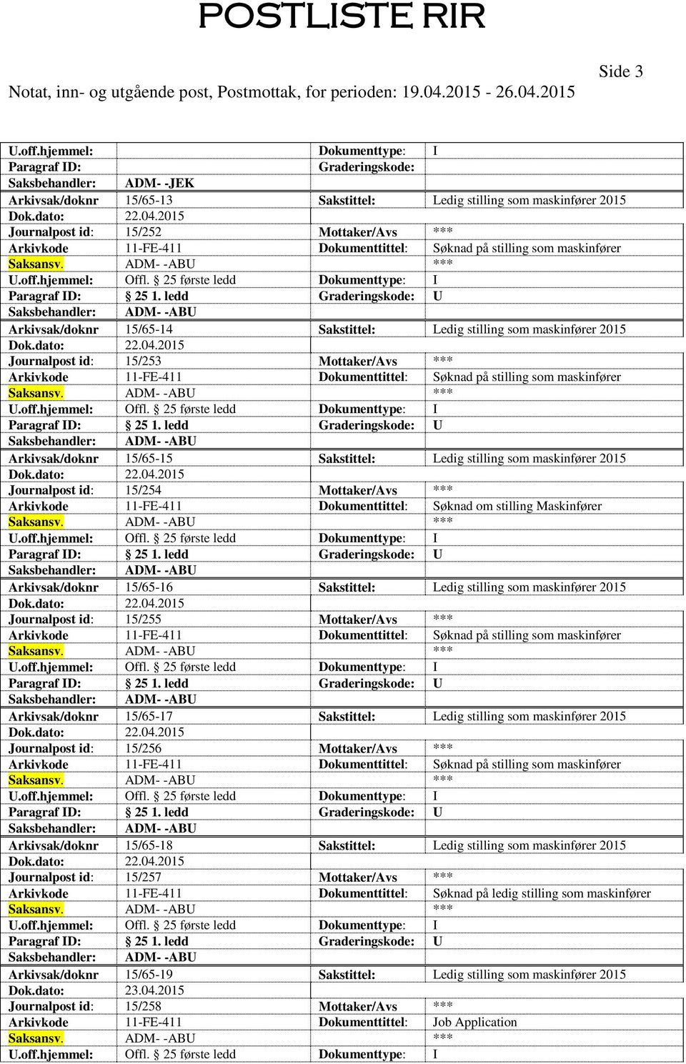 Dokumenttittel: Søknad om stilling Maskinfører Arkivsak/doknr 15/65-16 Sakstittel: Ledig stilling som maskinfører 2015 Journalpost id: 15/255 Mottaker/Avs *** Arkivsak/doknr 15/65-17 Sakstittel: