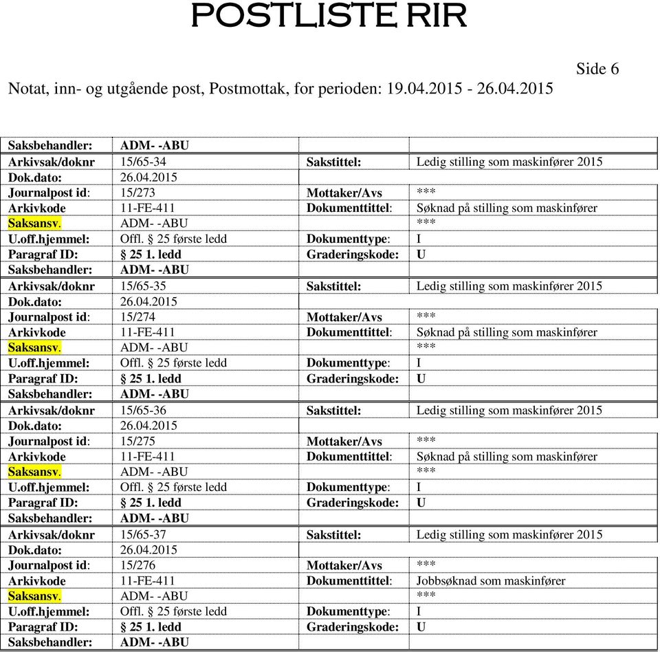 15/65-36 Sakstittel: Ledig stilling som maskinfører 2015 Journalpost id: 15/275 Mottaker/Avs *** Arkivsak/doknr 15/65-37