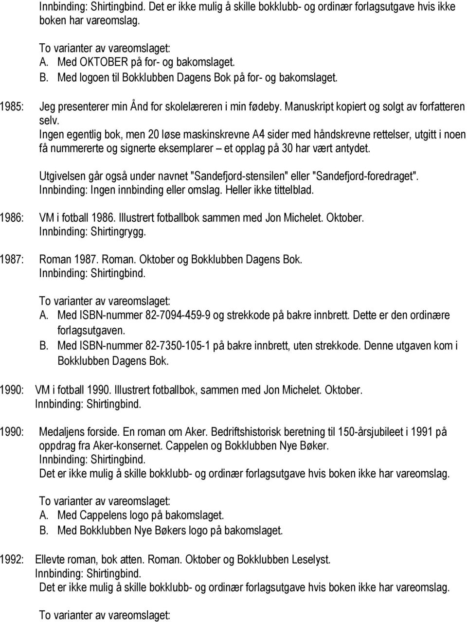 Ingen egentlig bok, men 20 løse maskinskrevne A4 sider med håndskrevne rettelser, utgitt i noen få nummererte og signerte eksemplarer et opplag på 30 har vært antydet.