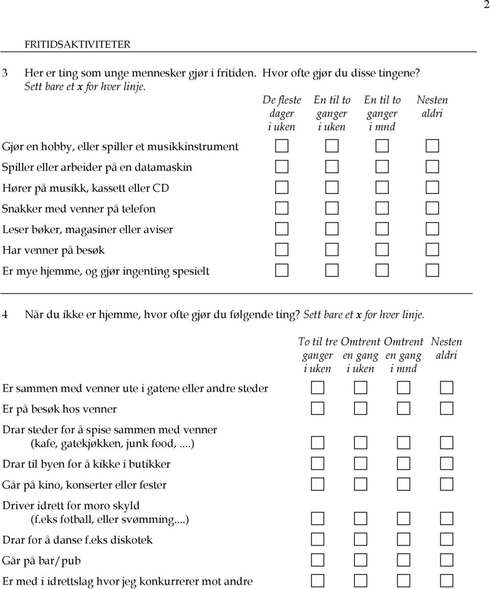 eller CD Snakker med venner på telefon Leser bøker, magasiner eller aviser Har venner på besøk Er mye hjemme, og gjør ingenting spesielt 4 Når du ikke er hjemme, hvor ofte gjør du følgende ting?