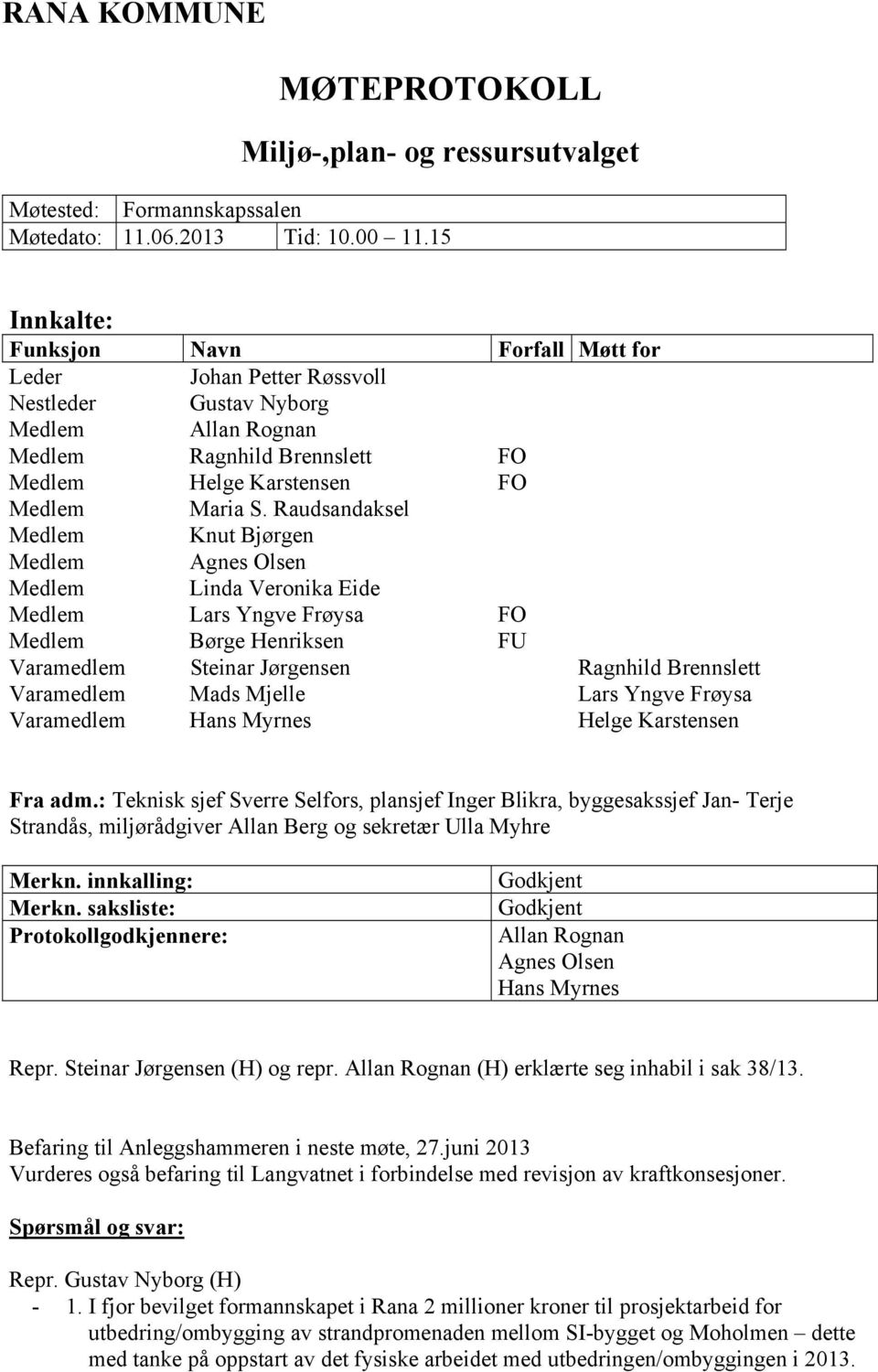 Raudsandaksel Medlem Knut Bjørgen Medlem Agnes Olsen Medlem Linda Veronika Eide Medlem Lars Yngve Frøysa FO Medlem Børge Henriksen FU Varamedlem Steinar Jørgensen Ragnhild Brennslett Varamedlem Mads