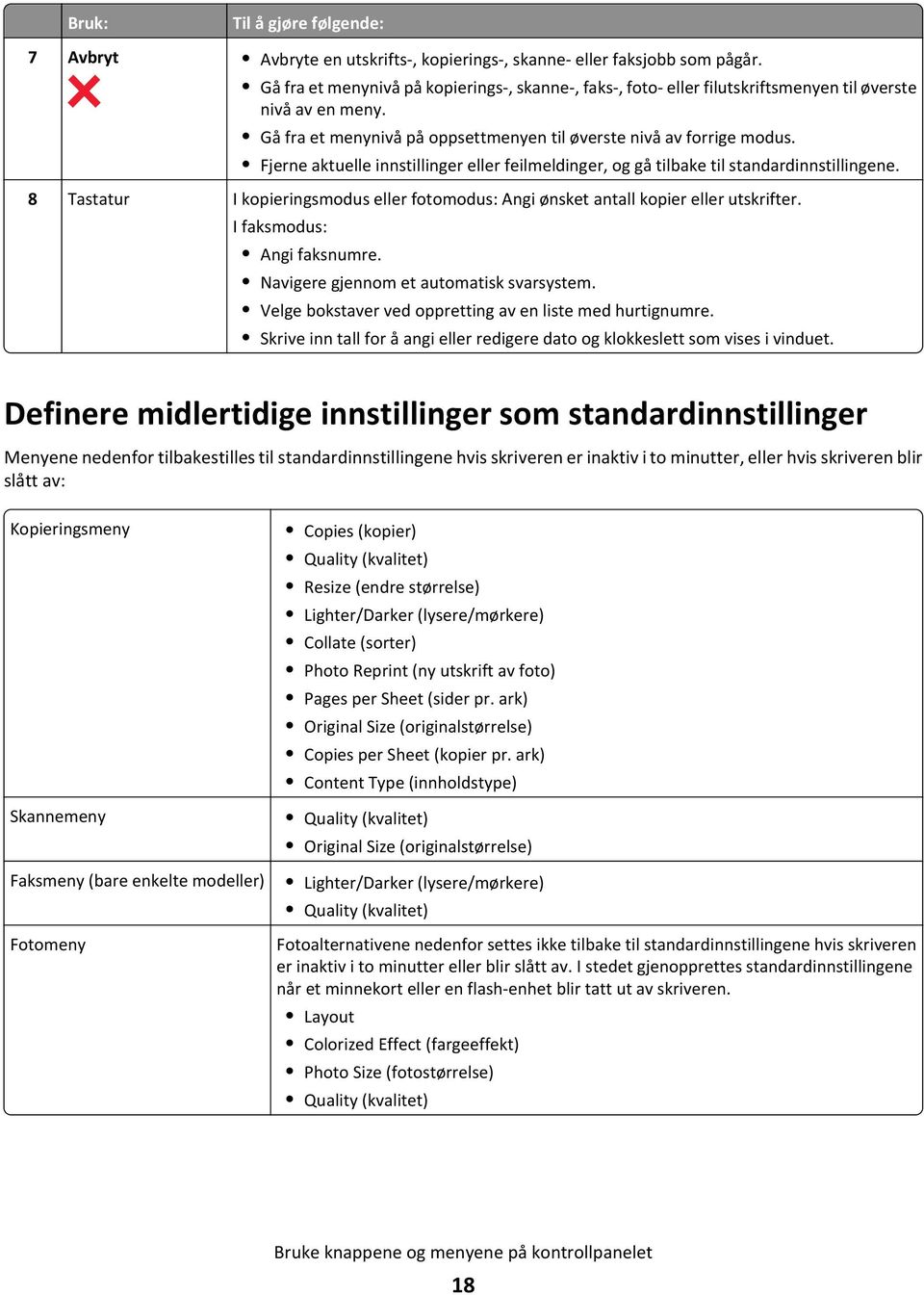 Fjerne aktuelle innstillinger eller feilmeldinger, og gå tilbake til standardinnstillingene. 8 Tastatur I kopieringsmodus eller fotomodus: Angi ønsket antall kopier eller utskrifter.