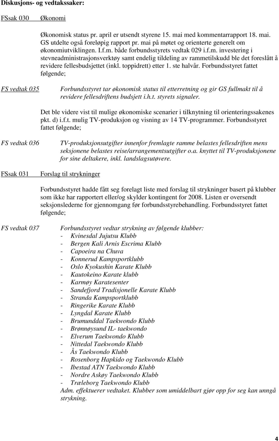 toppidrett) etter 1. ste halvår. Forbundsstyret fattet følgende; FS vedtak 035 Forbundsstyret tar økonomisk status til etterretning og gir GS fullmakt til å revidere fellesdriftens budsjett i.h.t. styrets signaler.