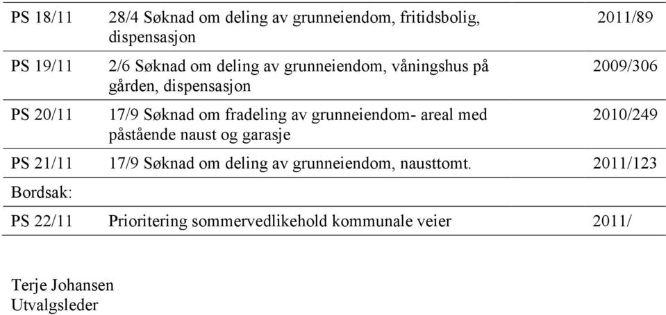 med påstående naust og garasje 2011/89 2009/306 2010/249 PS 21/11 17/9 Søknad om deling av grunneiendom,