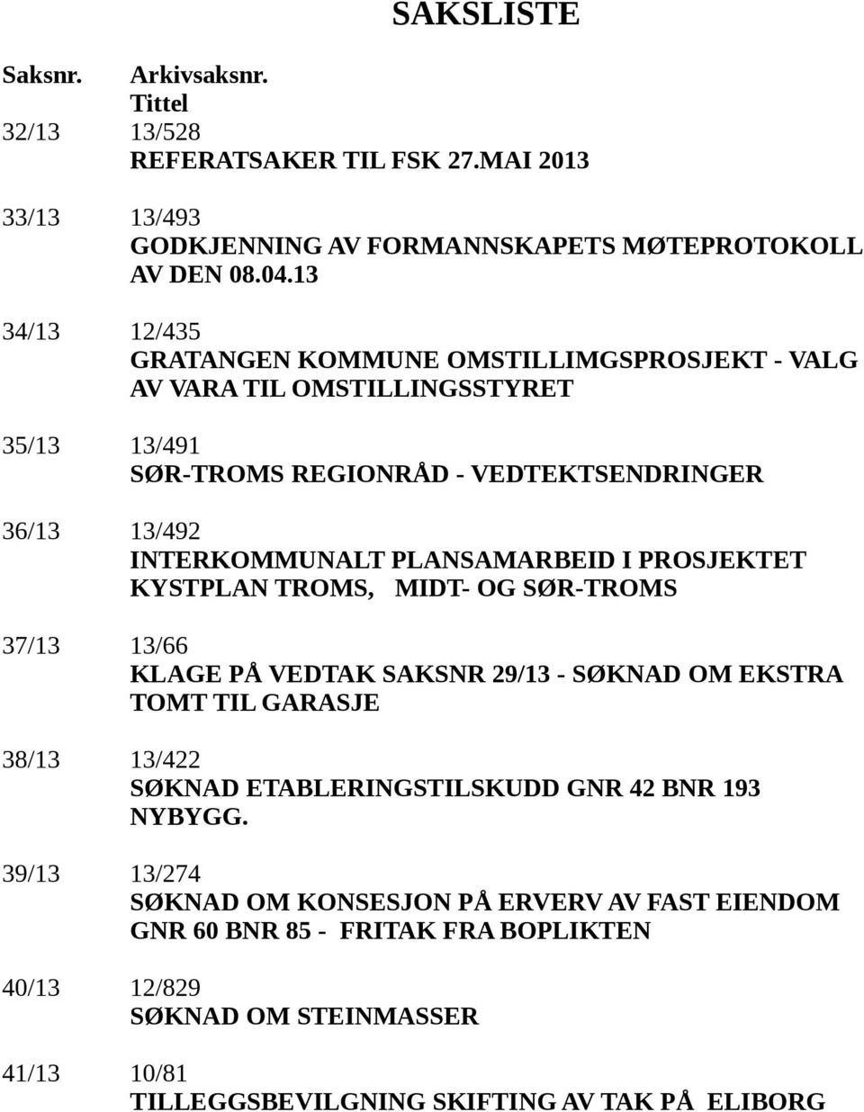 PLANSAMARBEID I PROSJEKTET KYSTPLAN TROMS, MIDT- OG SØR-TROMS 37/13 13/66 KLAGE PÅ VEDTAK SAKSNR 29/13 - SØKNAD OM EKSTRA TOMT TIL GARASJE 38/13 13/422 SØKNAD ETABLERINGSTILSKUDD