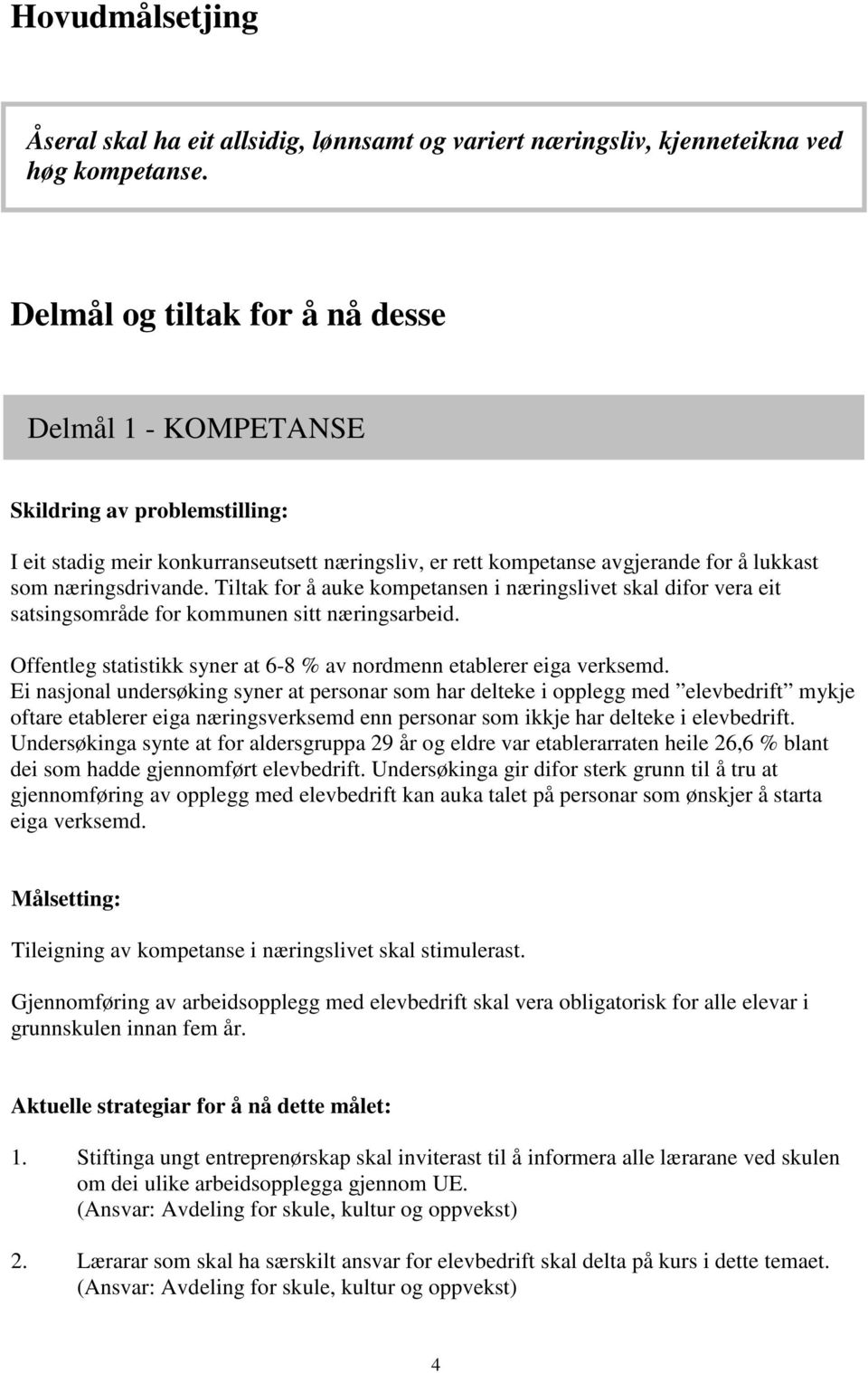 Tiltak for å auke kompetansen i næringslivet skal difor vera eit satsingsområde for kommunen sitt næringsarbeid. Offentleg statistikk syner at 6-8 % av nordmenn etablerer eiga verksemd.