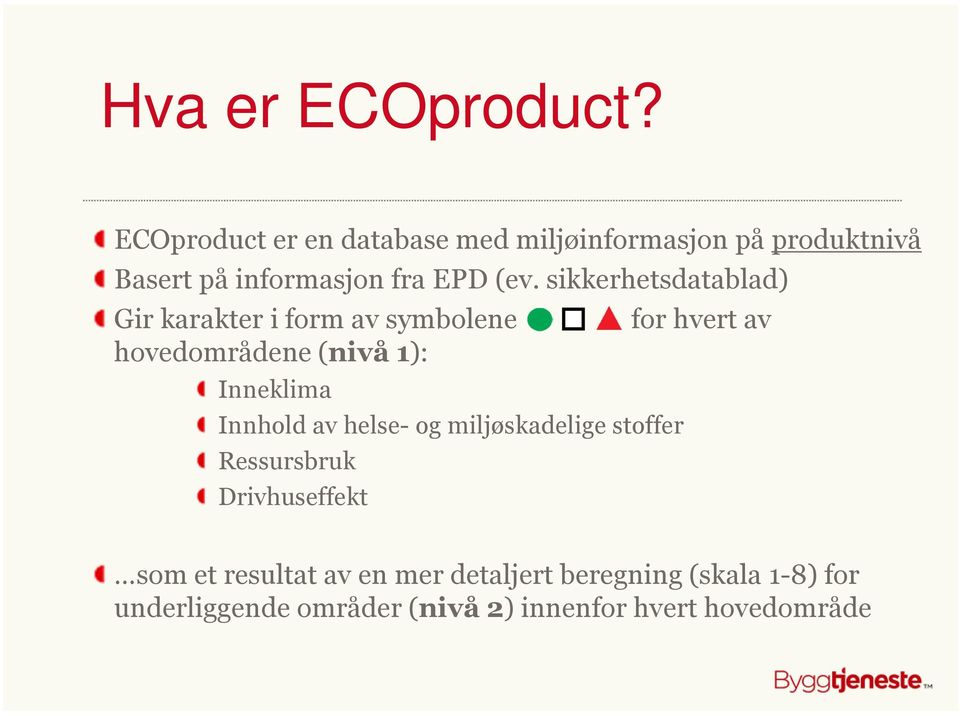 sikkerhetsdatablad) Gir karakter i form av symbolene for hvert av hovedområdene (nivå 1): Inneklima