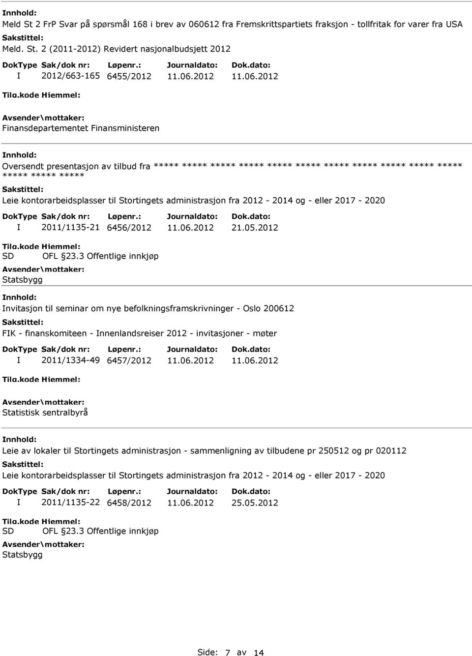 2 (2011-2012) Revidert nasjonalbudsjett 2012 2012/663-165 6455/2012 Finansdepartementet Finansministeren Oversendt presentasjon av tilbud fra ***** ***** ***** ***** ***** ***** ***** ***** *****