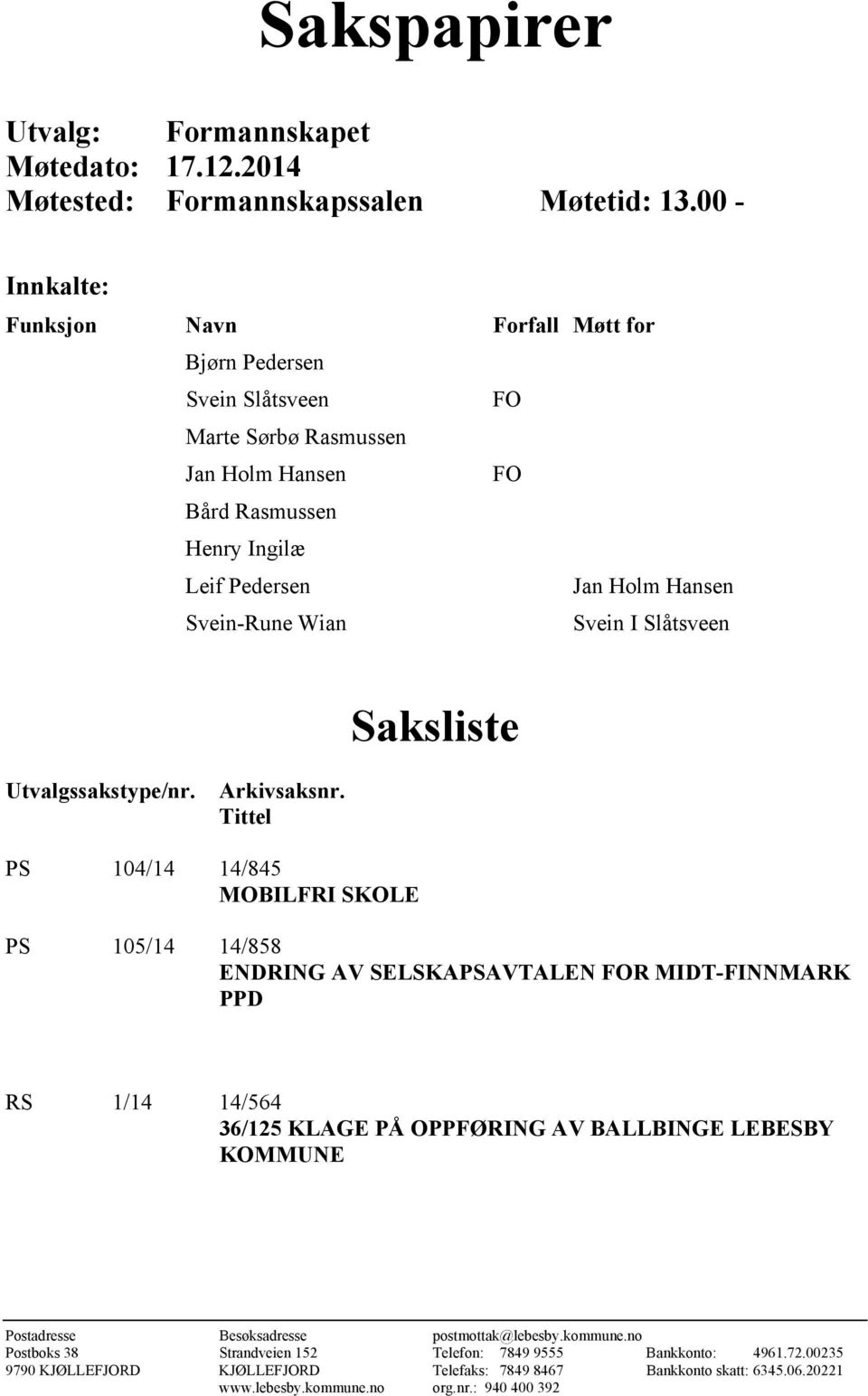 Svein I Slåtsveen Saksliste Utvalgssakstype/nr. Arkivsaksnr.