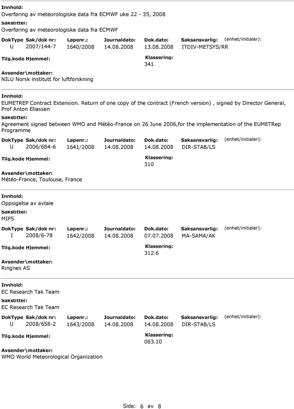 Return of one copy of the contract (French version), signed by Director General, Prof Anton Eliassen Agreement signed between WMO and Météo-France on 26 June 2006,for the