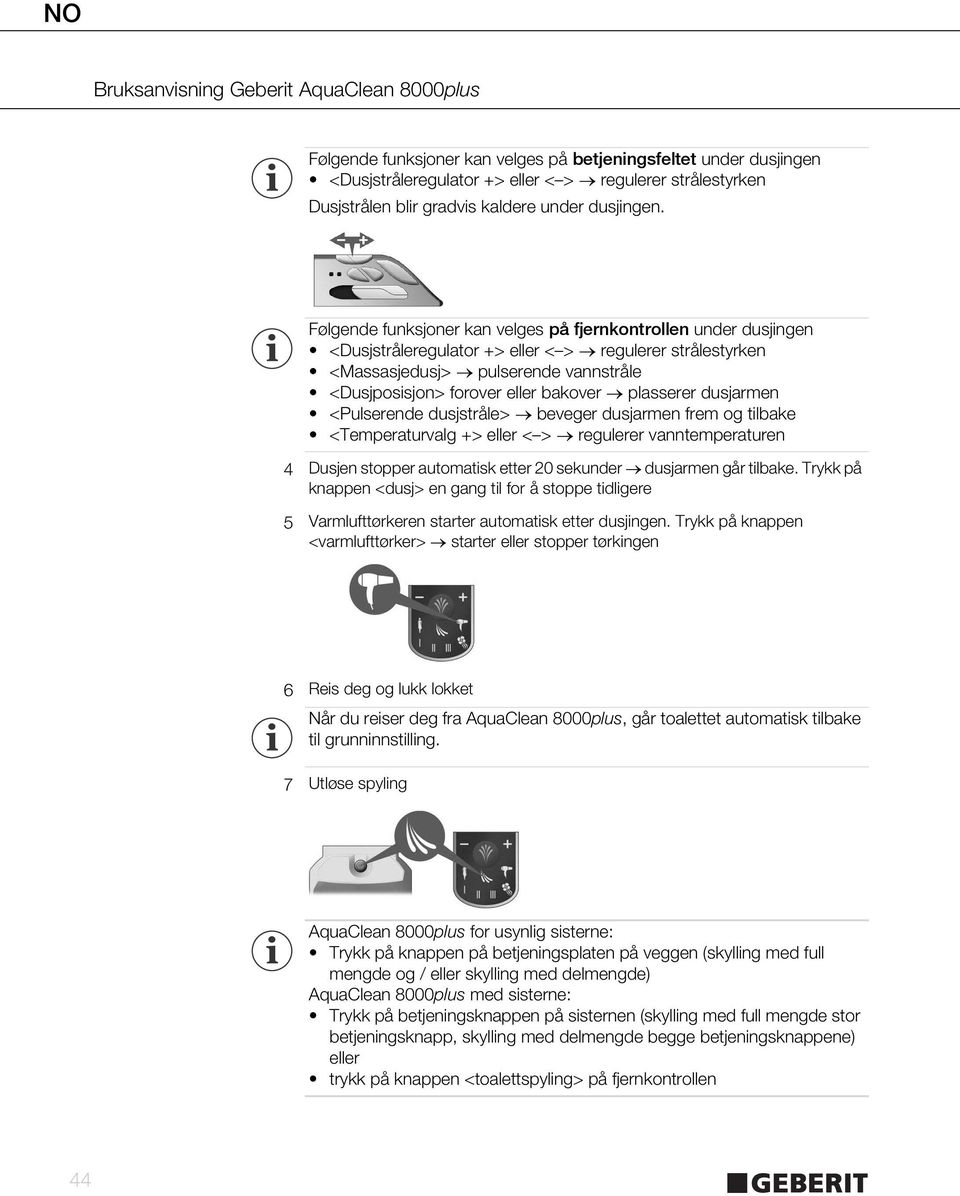 plasserer dusjarmen <Pulserende dusjstråle> beveger dusjarmen frem og tilbake <Temperaturvalg +> eller < > regulerer vanntemperaturen 4 Dusjen stopper automatisk etter 20 sekunder dusjarmen går