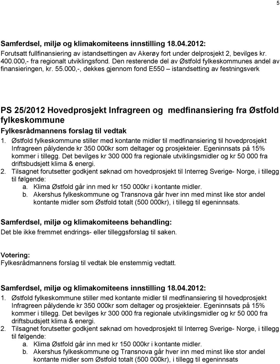 000,-, dekkes gjennom fond E550 istandsetting av festningsverk PS 25/2012 Hovedprosjekt Infragreen og medfinansiering fra Østfold fylkeskommune 1.
