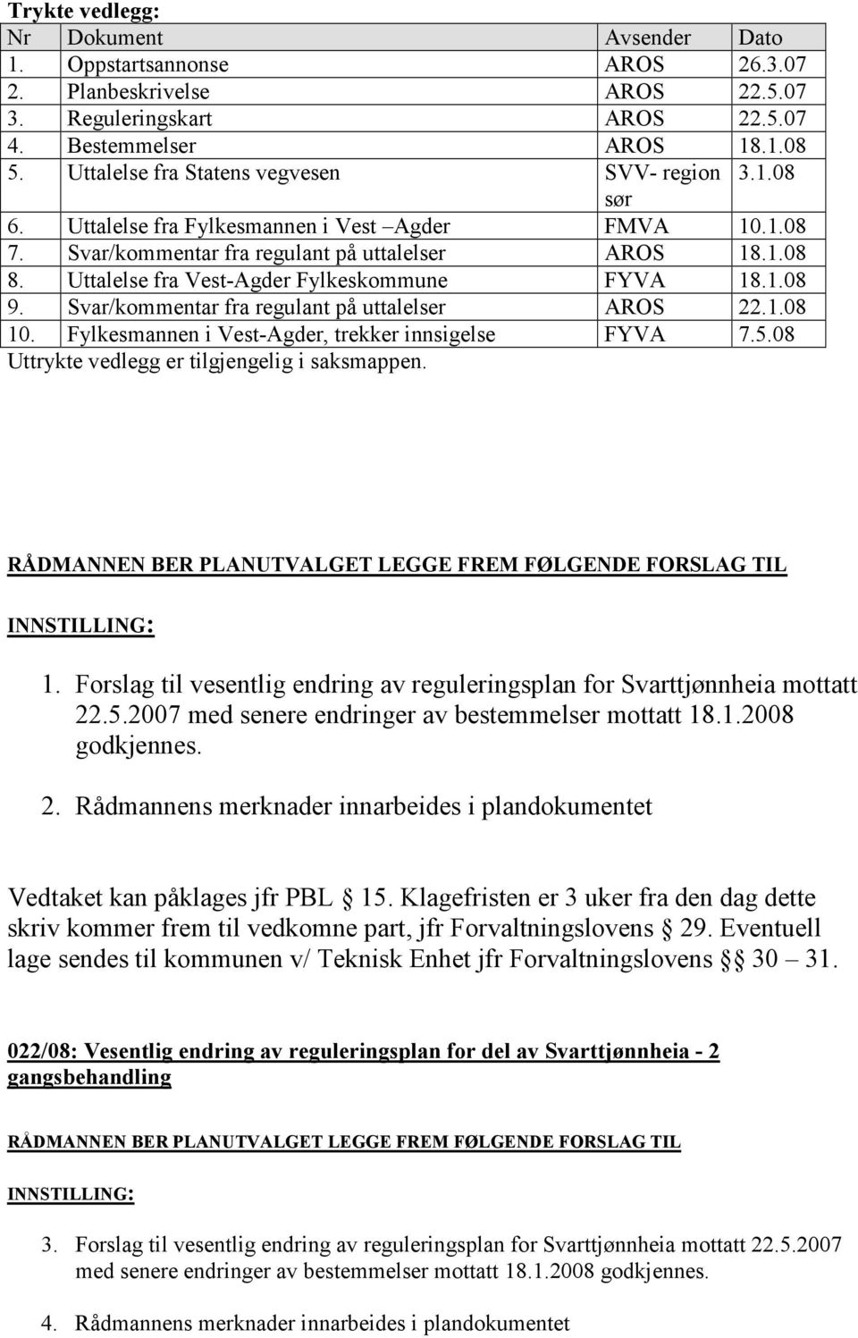 Uttalelse fra Vest-Agder Fylkeskommune FYVA 18.1.08 9. Svar/kommentar fra regulant på uttalelser AROS 22.1.08 10. Fylkesmannen i Vest-Agder, trekker innsigelse FYVA 7.5.