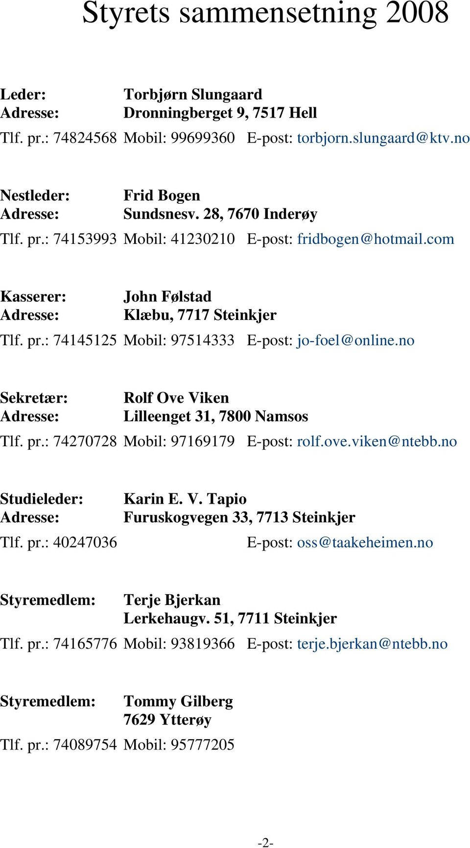 no Sekretær: Rolf Ove Viken Adresse: Lilleenget 31, 7800 Namsos Tlf. pr.: 74270728 Mobil: 97169179 E-post: rolf.ove.viken@ntebb.no Studieleder: Adresse: Tlf. pr.: 40247036 Karin E. V. Tapio Furuskogvegen 33, 7713 Steinkjer E-post: oss@taakeheimen.