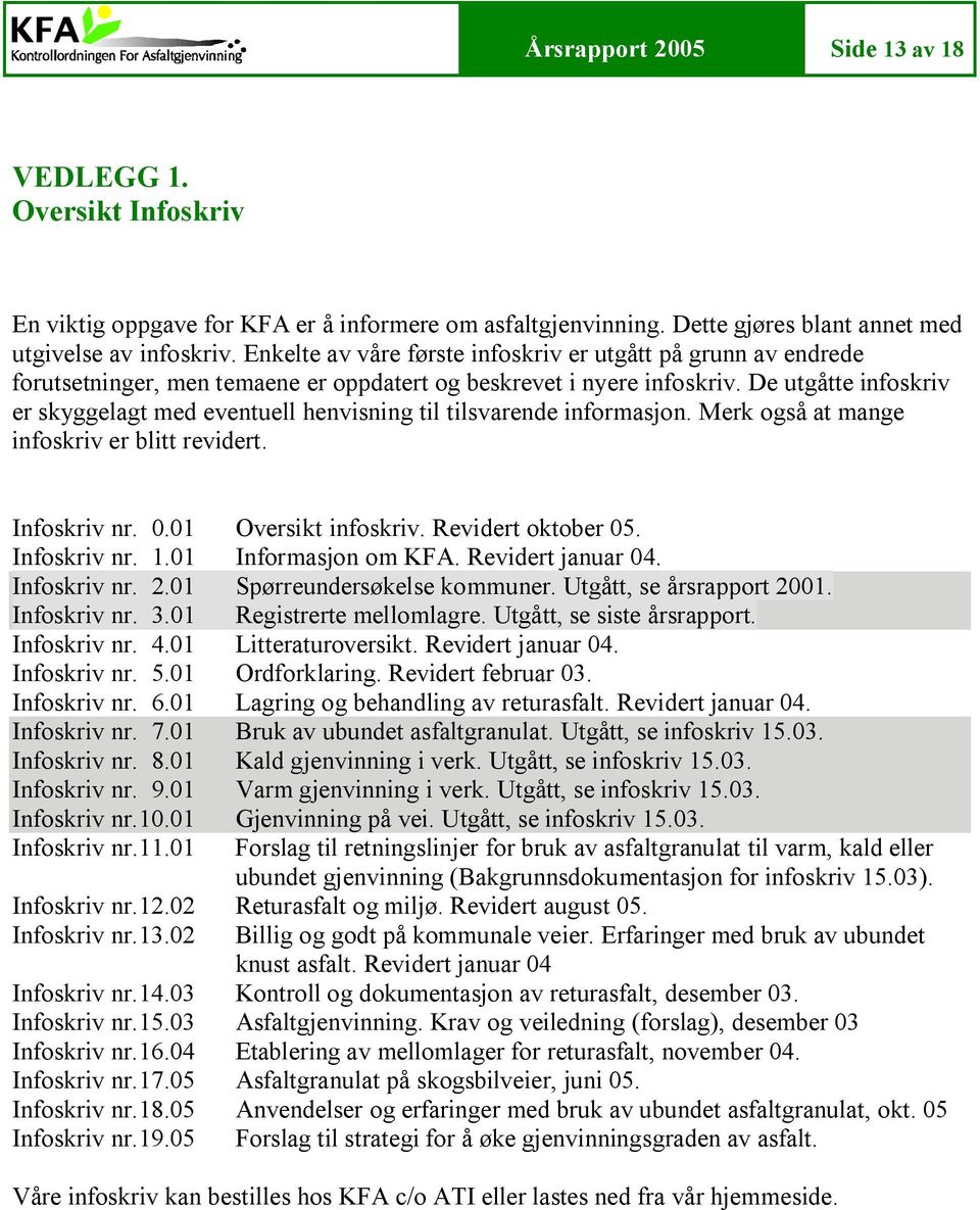 De utgåtte infoskriv er skyggelagt med eventuell henvisning til tilsvarende informasjon. Merk også at mange infoskriv er blitt revidert. Infoskriv nr. 0.01 Oversikt infoskriv. Revidert oktober 05.