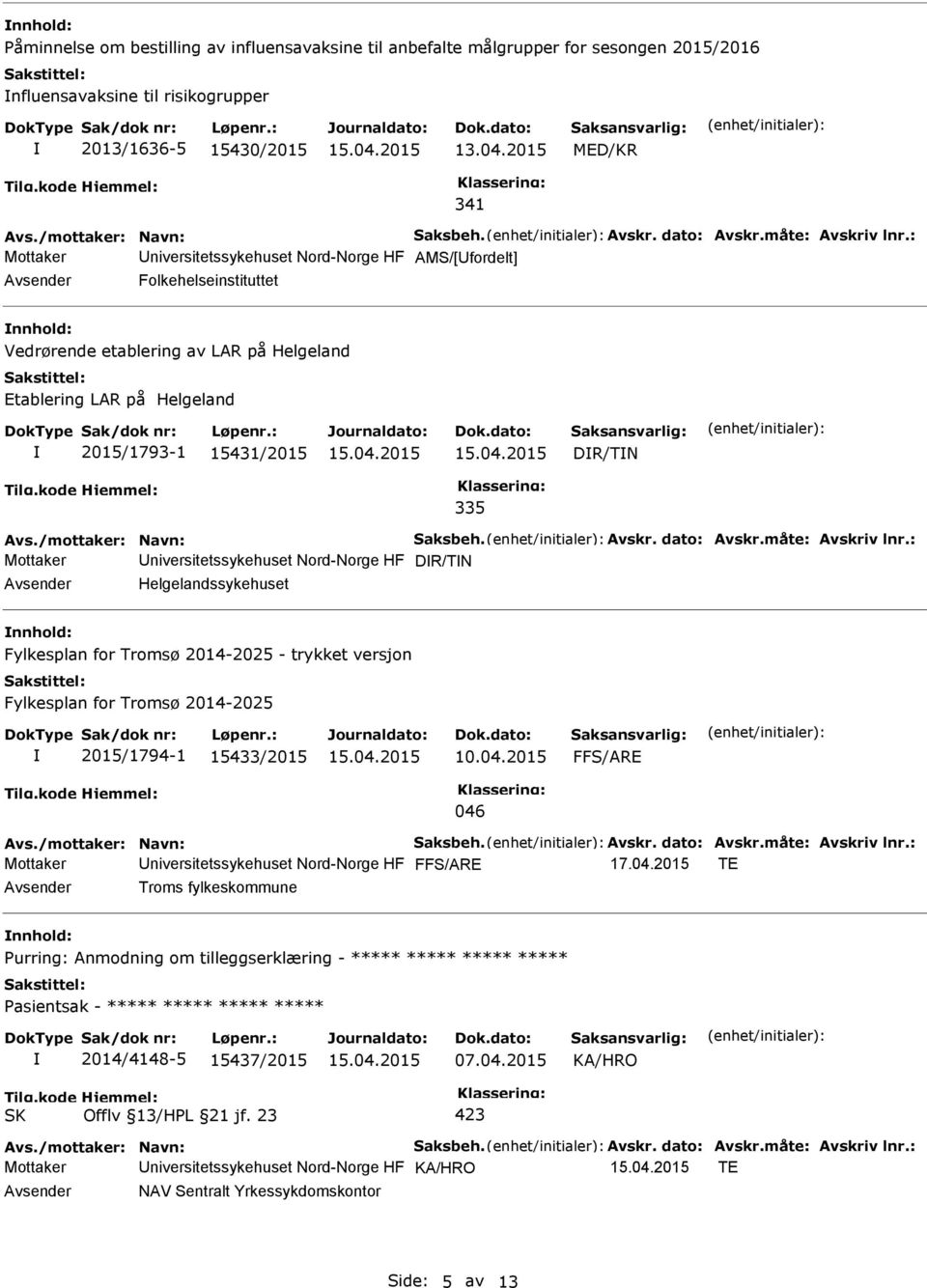 : Mottaker niversitetssykehuset Nord-Norge HF AMS/[fordelt] Folkehelseinstituttet nnhold: Vedrørende etablering av LAR på Helgeland Etablering LAR på Helgeland 2015/1793-1 15431/2015 DR/TN 335 Avs.