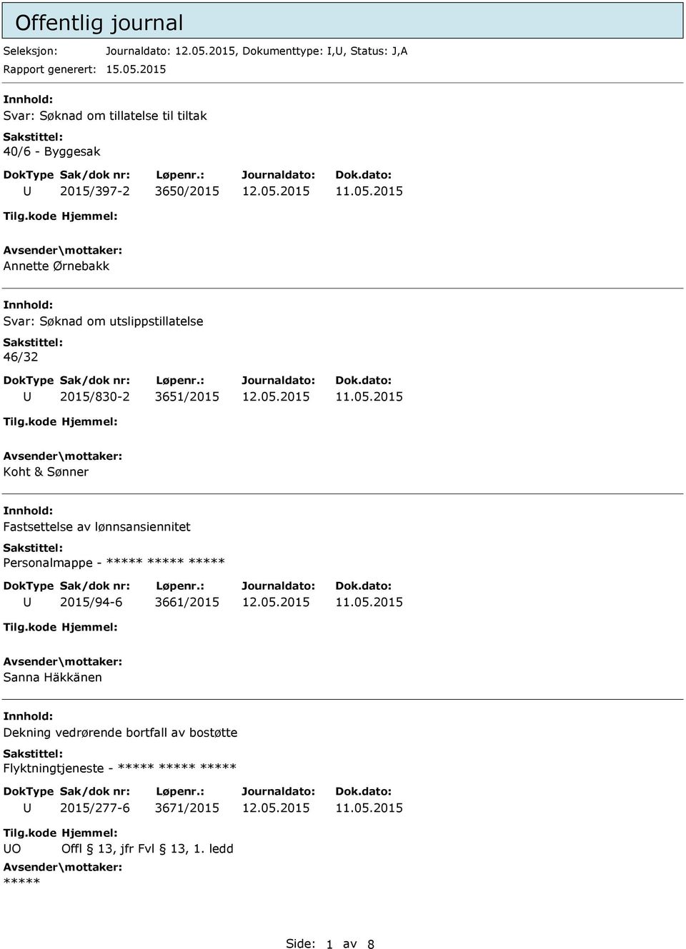 utslippstillatelse 46/32 2015/830-2 3651/2015 Koht & Sønner nnhold: Fastsettelse av lønnsansiennitet Personalmappe - ***** *****