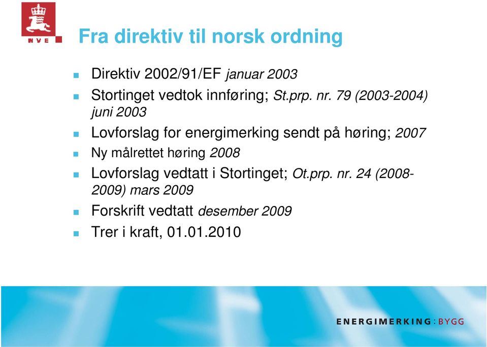 79 (2003-2004) juni 2003 Lovforslag for energimerking sendt på høring; 2007 Ny