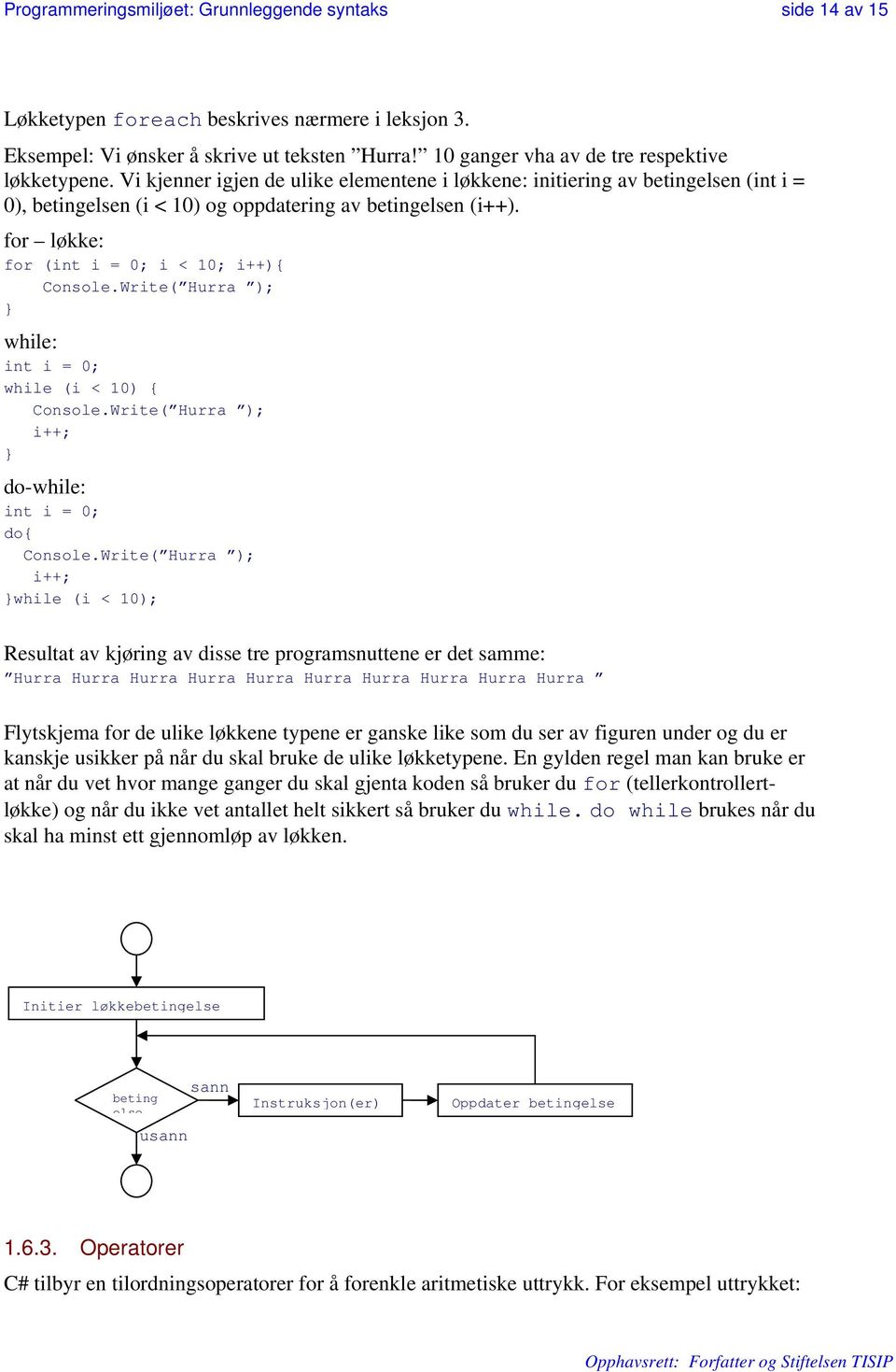 for løkke: for (int i = 0; i < 10; i++){ Console.Write( Hurra ); while: int i = 0; while (i < 10) { Console.Write( Hurra ); i++; do-while: int i = 0; do{ Console.