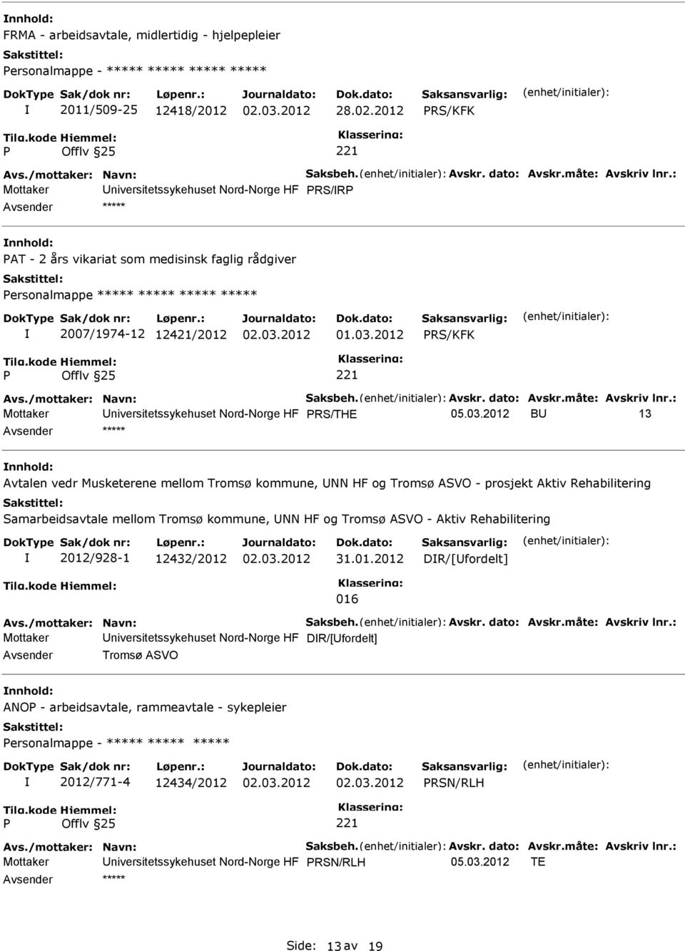 /mottaker: Navn: Saksbeh. Avskr. dato: Avskr.måte: Avskriv lnr.: Mottaker niversitetssykehuset Nord-Norge HF RS/THE 05.03.