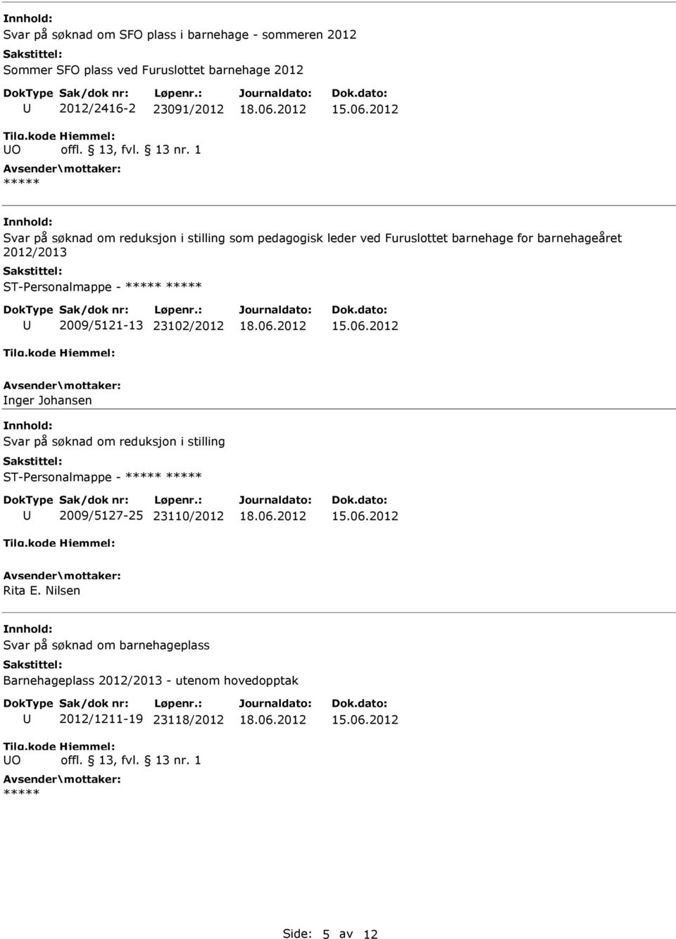 1 Svar på søknad om reduksjon i stilling som pedagogisk leder ved Furuslottet barnehage for barnehageåret 2012/2013 ST-Personalmappe -