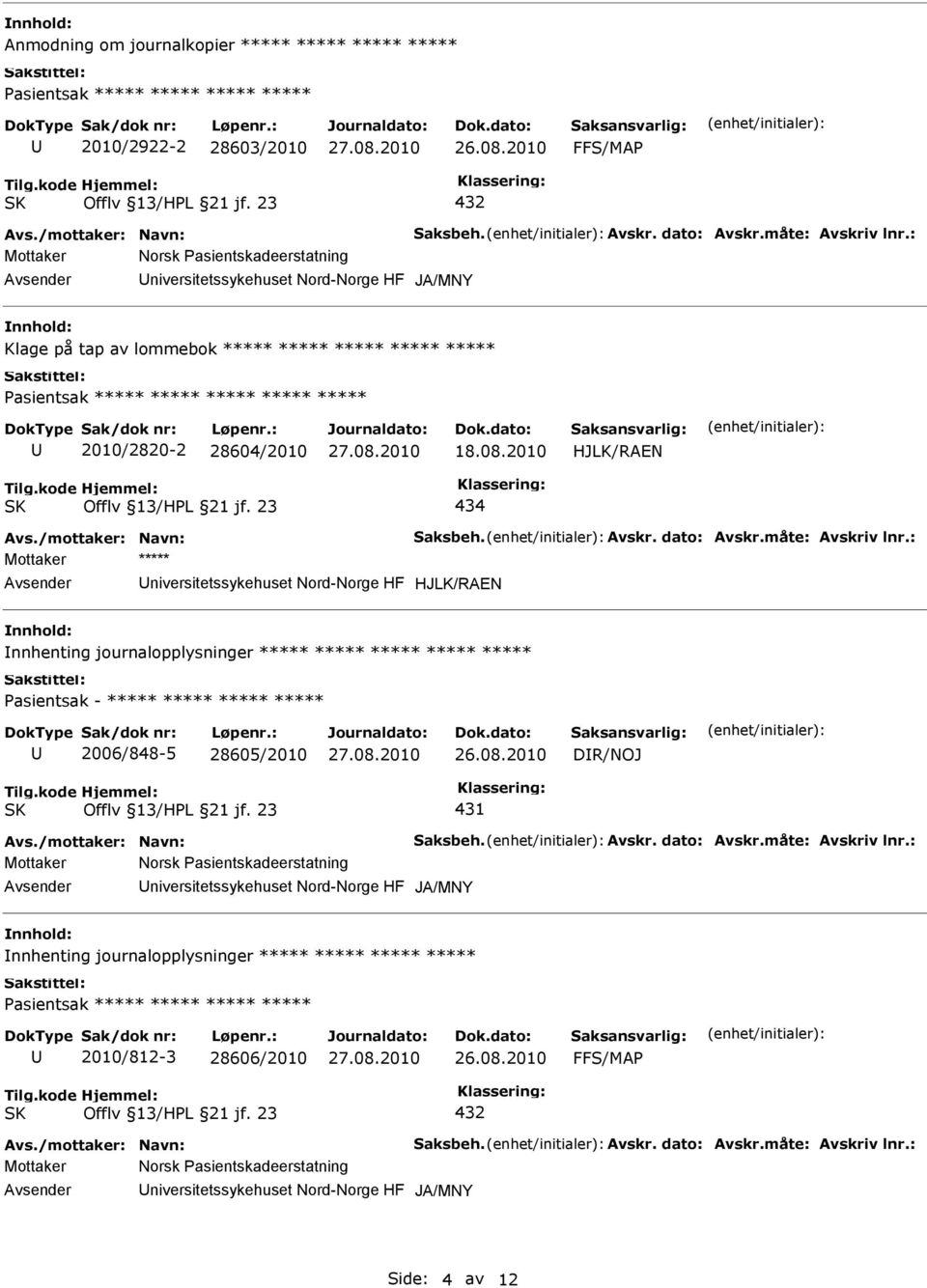 18.08.2010 HJLK/RAEN 434 Avs./mottaker: Navn: Saksbeh. Avskr. dato: Avskr.måte: Avskriv lnr.