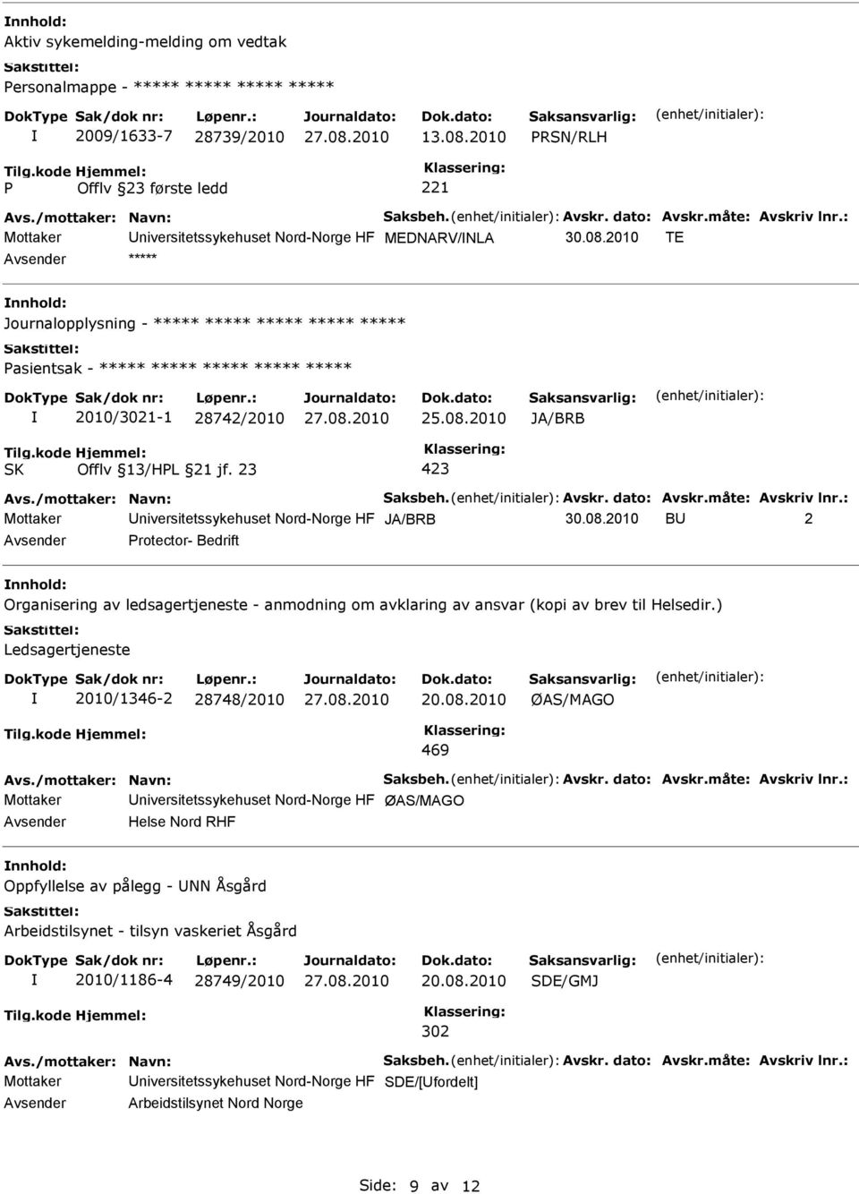 /mottaker: Navn: Saksbeh. Avskr. dato: Avskr.måte: Avskriv lnr.: Mottaker niversitetssykehuset Nord-Norge HF JA/BRB 30.08.