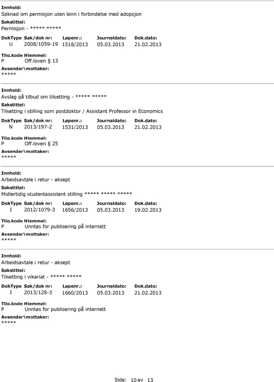 Economics N 2013/197-2 1531/2013 Off.loven 25 Midlertidig studentassistent stilling 2012/1079-3 1656/2013 19.