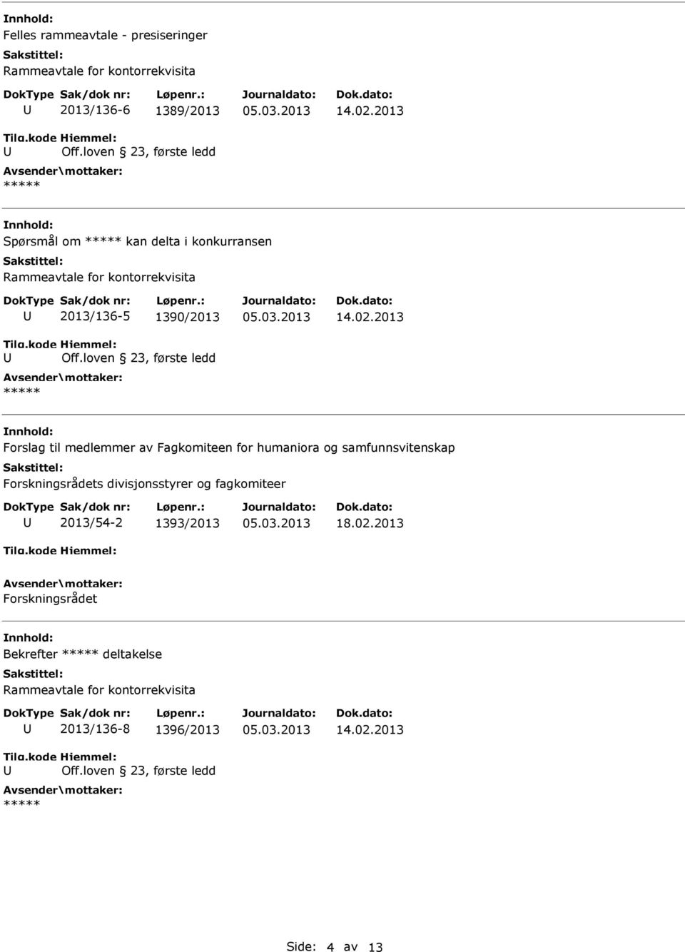 2013 Forslag til medlemmer av Fagkomiteen for humaniora og samfunnsvitenskap Forskningsrådets divisjonsstyrer og fagkomiteer 2013/54-2