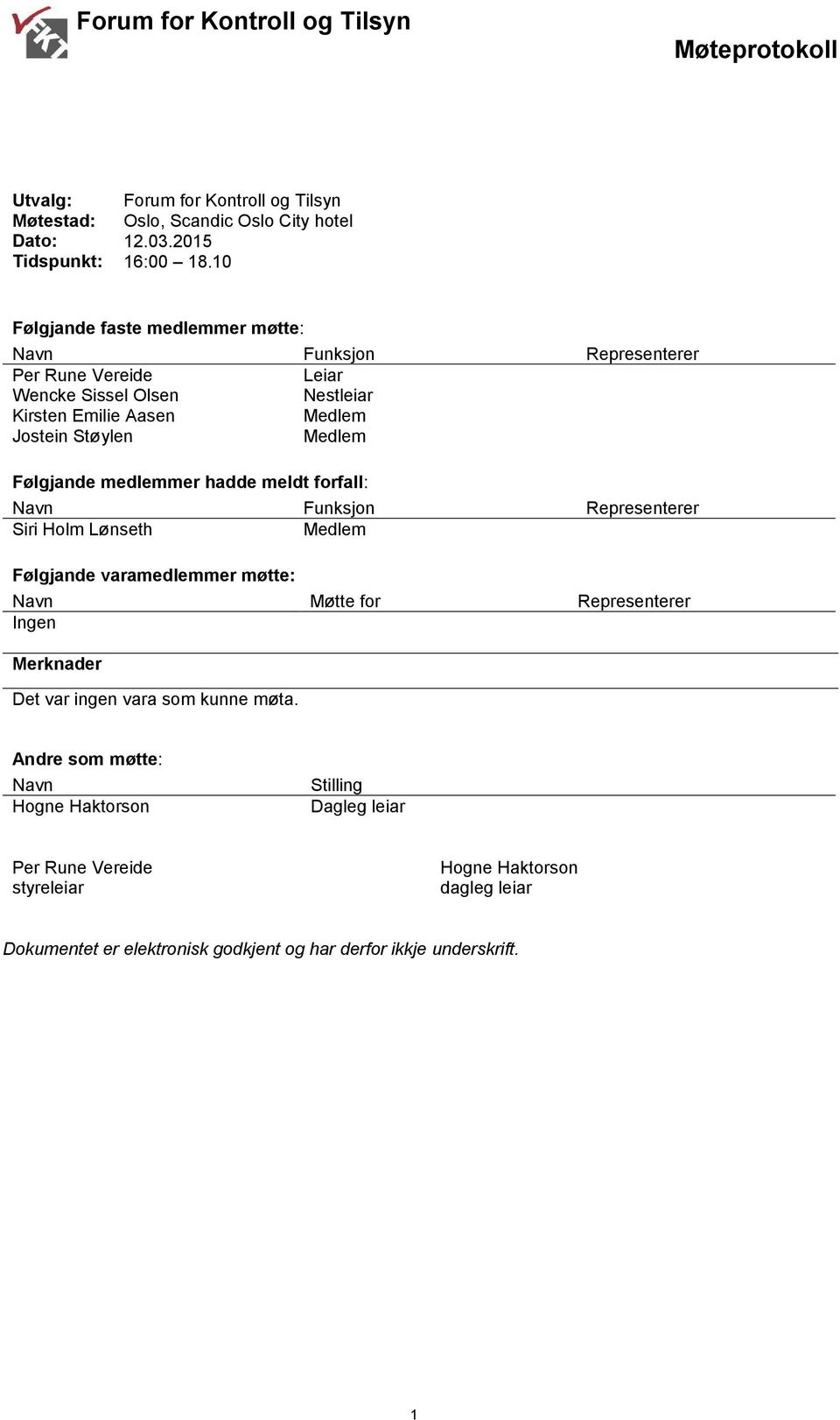 medlemmer hadde meldt forfall: Navn Funksjon Representerer Siri Holm Lønseth Medlem Følgjande varamedlemmer møtte: Navn Møtte for Representerer Ingen Merknader Det var ingen vara