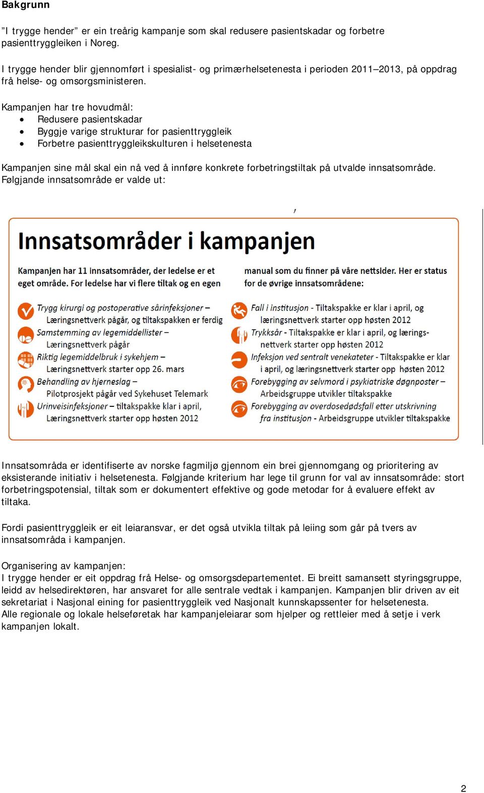 Kampanjen har tre hovudmål: Redusere pasientskadar Byggje varige strukturar for pasienttryggleik Forbetre pasienttryggleikskulturen i helsetenesta Kampanjen sine mål skal ein nå ved å innføre