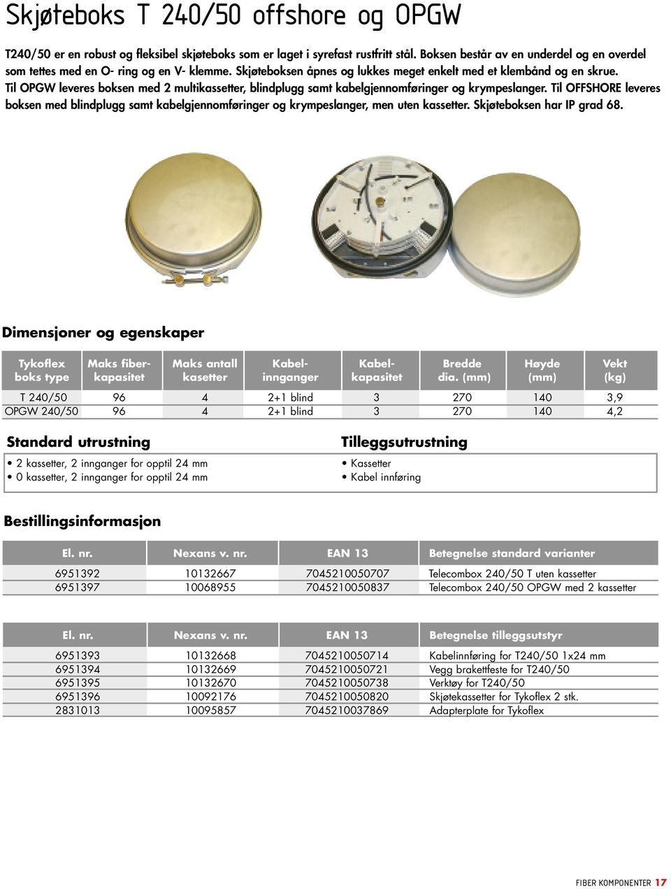 Til OPGW leveres boksen med 2 multikassetter, blindplugg samt kabelgjennomføringer og krympeslanger.