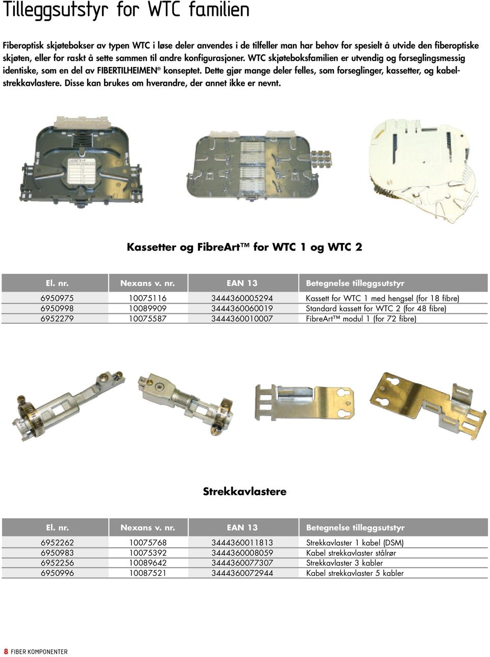 Dette gjør mange deler felles, som forseglinger, kassetter, og kabelstrekkavlastere. Disse kan brukes om hverandre, der annet ikke er nevnt. Kassetter og FibreArt for WTC 1 og WTC 2 El. nr. Nexans v.