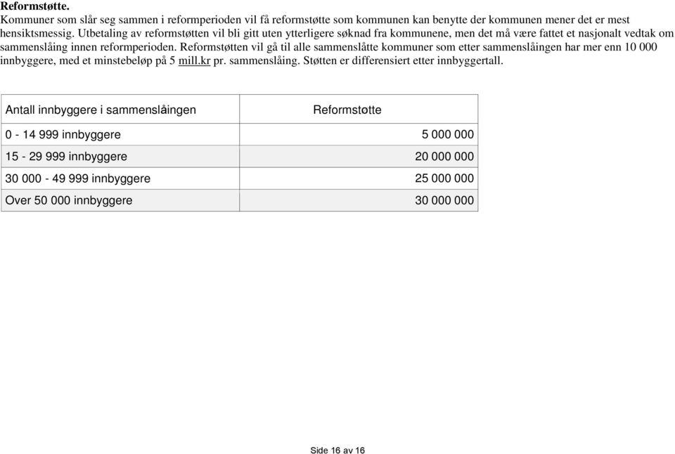 Reformstøtten vil gå til alle sammenslåtte kommuner som etter sammenslåingen har mer enn 10 000 innbyggere, med et minstebeløp på 5 mill.kr pr. sammenslåing. Støtten er differensiert etter innbyggertall.