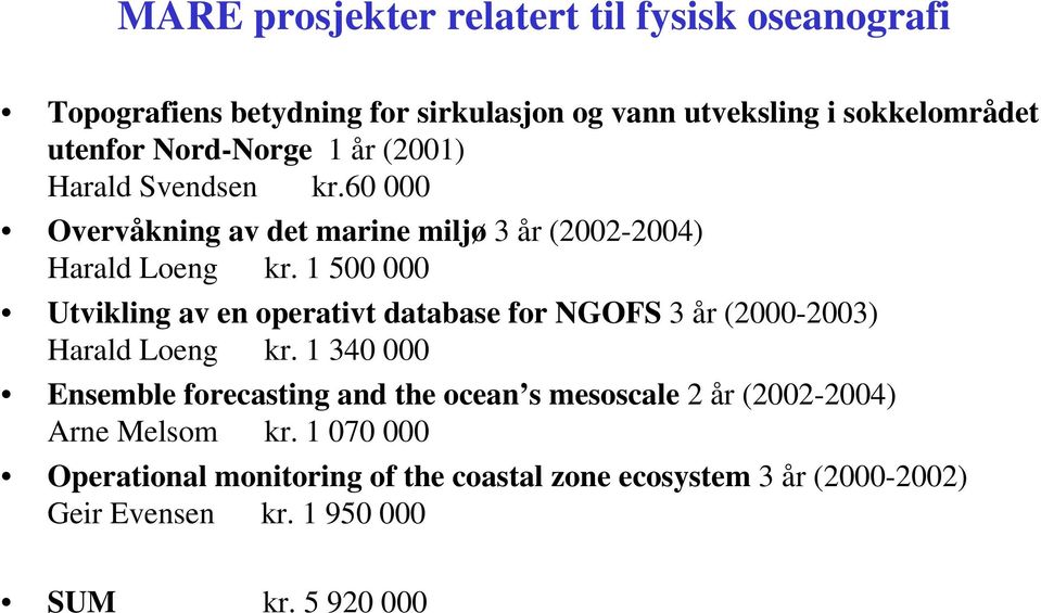 1 500 000 Utvikling av en operativt database for NGOFS 3 år (2000-2003) Harald Loeng kr.